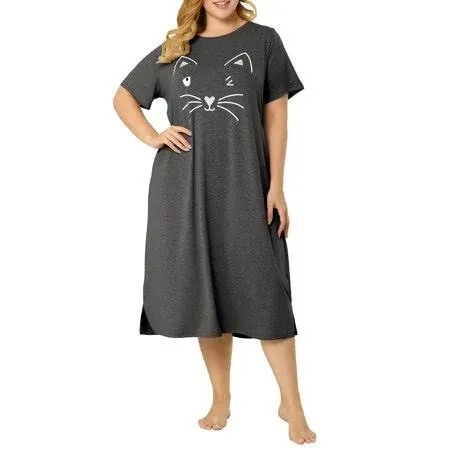 Unique Bargains Women's Plus Size Nightgown Cat Print with Pocket Sleep Dress ...