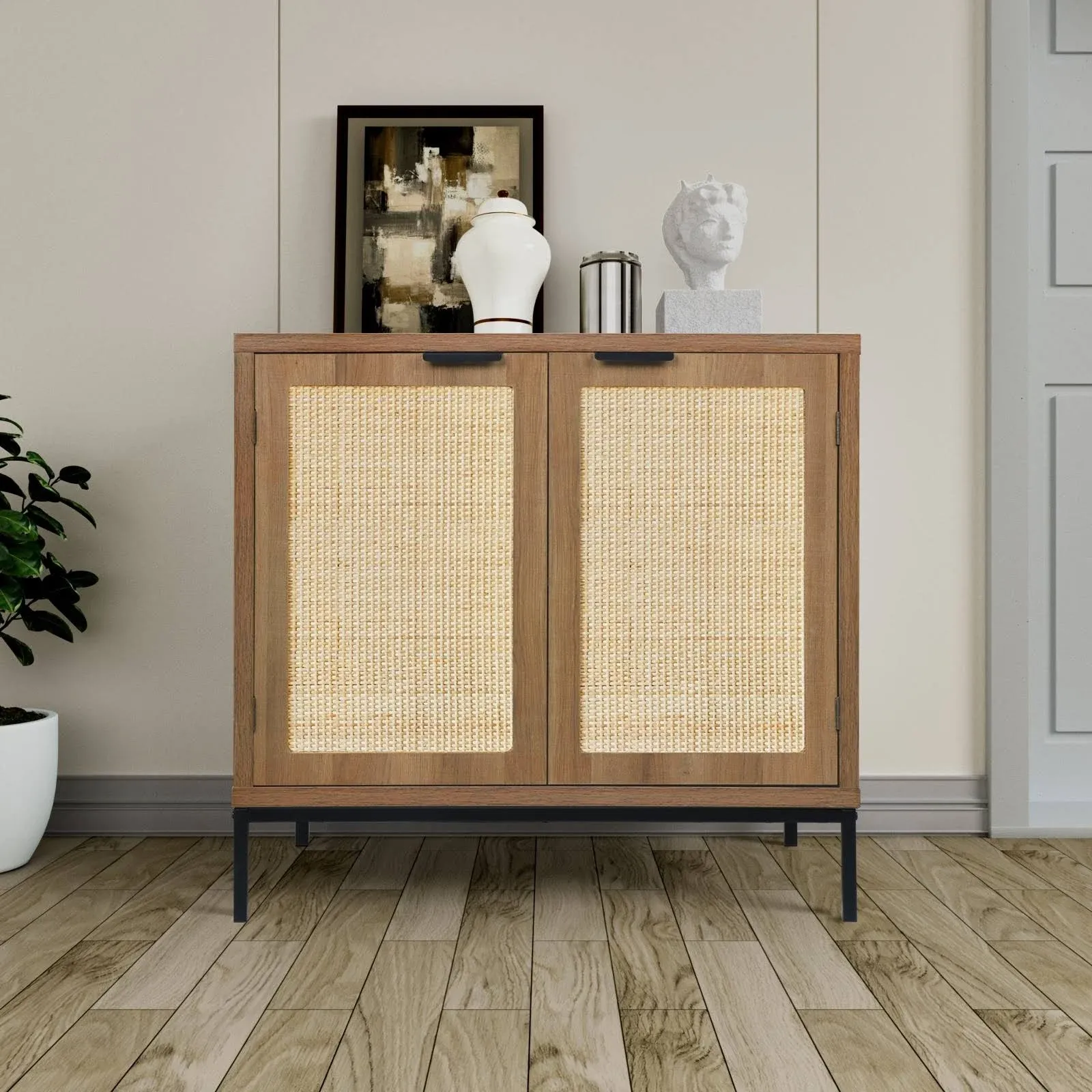 Anmytek Rustic Oak Accent Storage Cabinet with 2 Rattan Doors Mid Century Natural ...