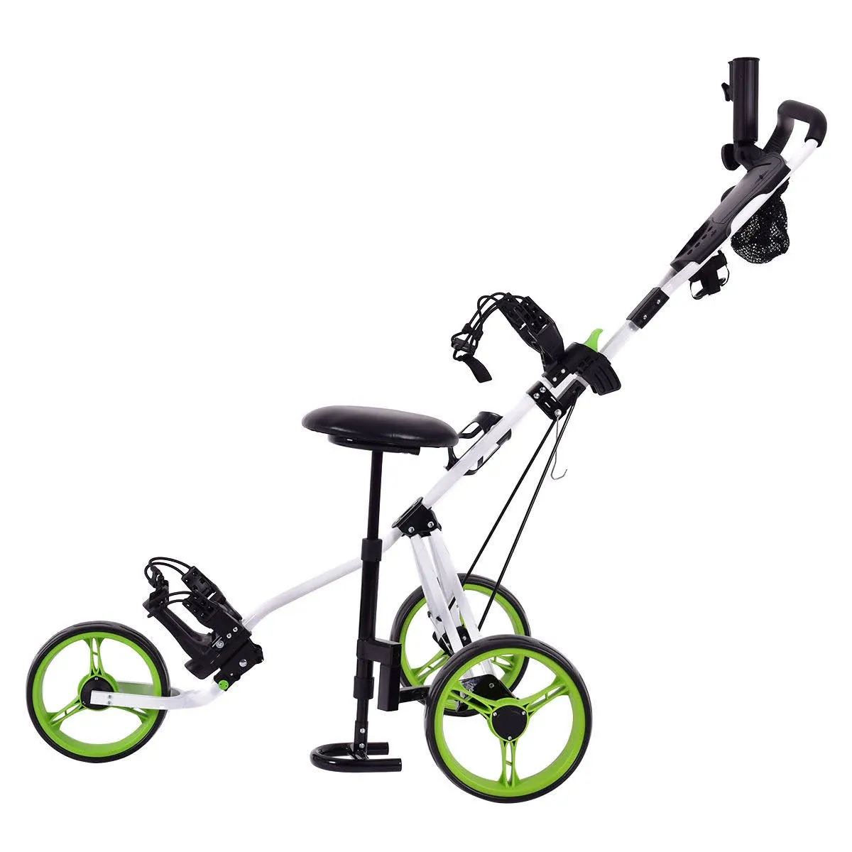 Foldable 3 Wheel Push Pull Golf Club Cart Trolley w/Seat Scoreboard Bag Swivel