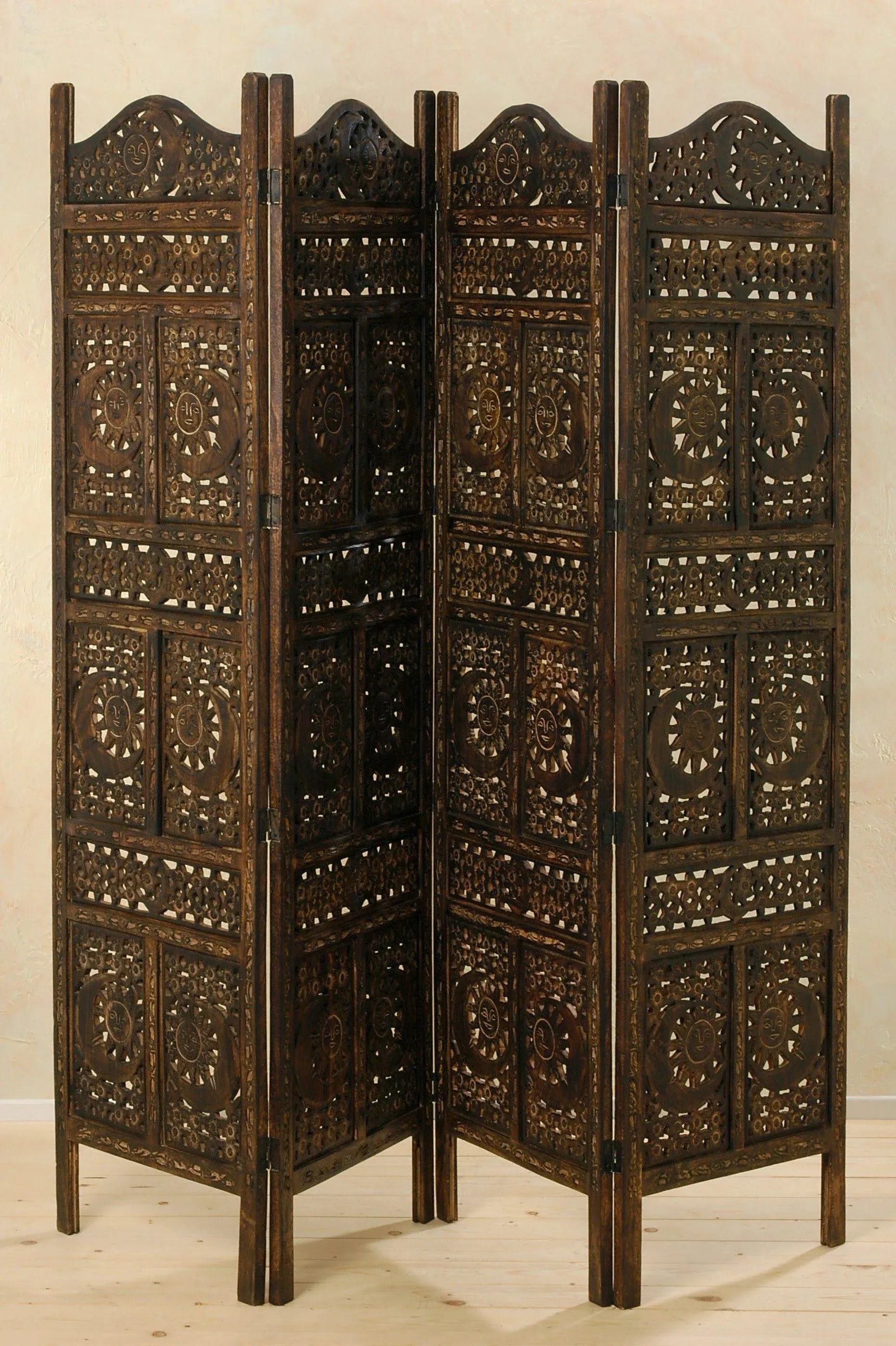 Sun, Moon and Star 4 Panel Room Divider of Hand Carved Mango Wood - Rustic - Screens And Room Dividers - by Whole House Worlds | Houzz