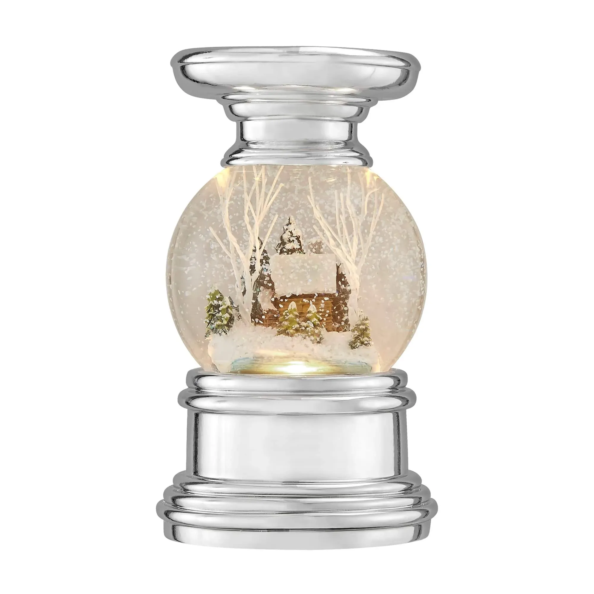 Snow Burst Snowglobe Candle Holder Log Cabin In Woods Lights Up W/Swirling Snow 