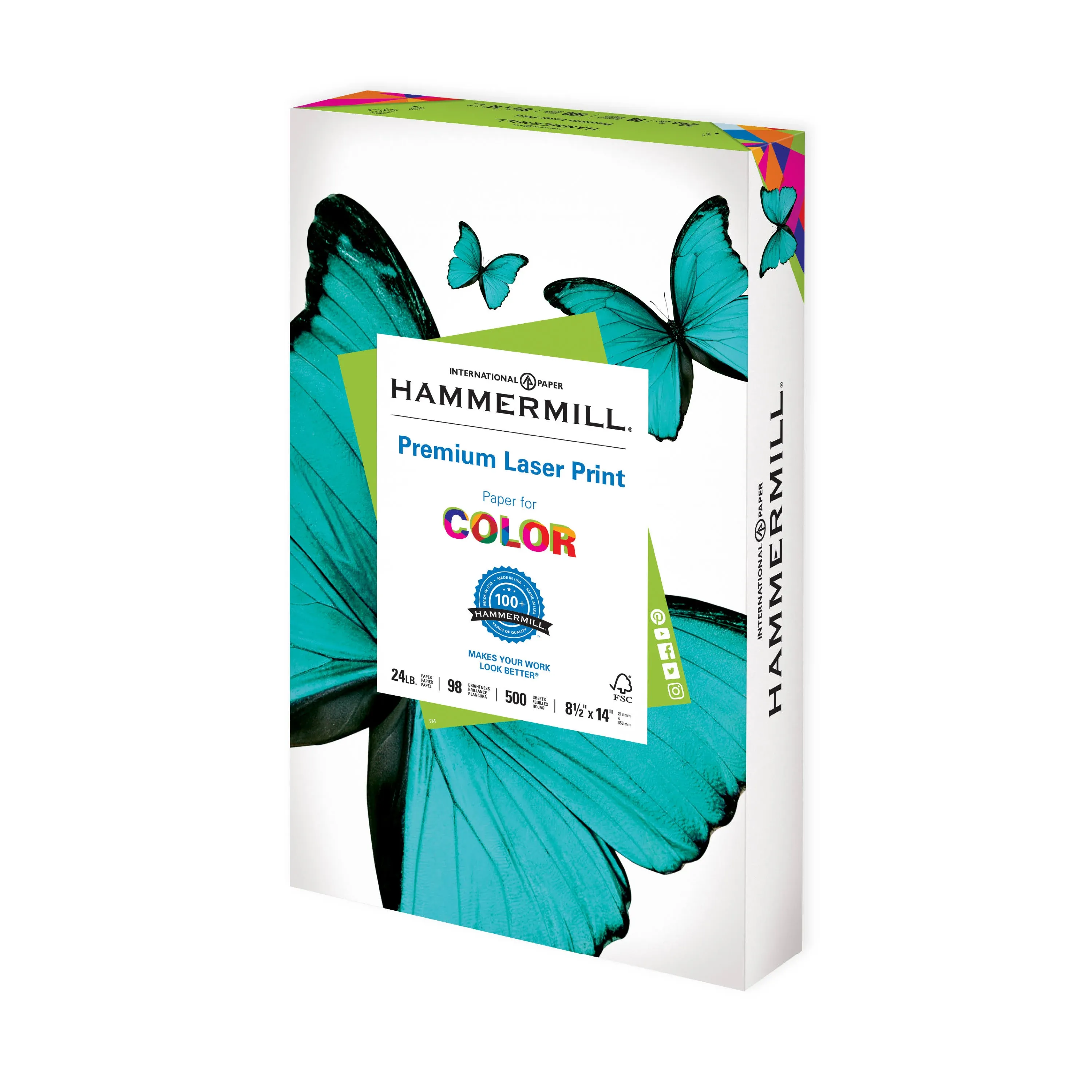 Hammermill Premium Laser Print Paper, 98 Bright, 24lb, 8.5 x 14, White, 500/Ream