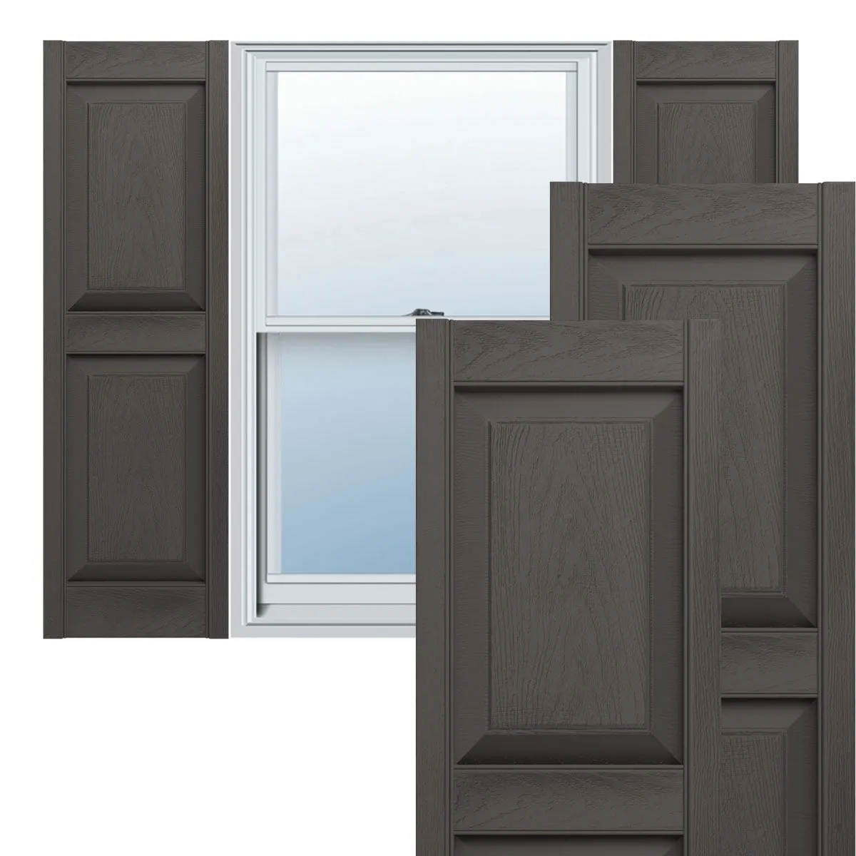 Ekena Millwork 12"W x 31"H Mid-America Vinyl, Standard Size Williamsburg Double Panel Shutters, w/Installation Shutter-Lok's & Matching Screws (Per Pair), 010 - Musket Brown