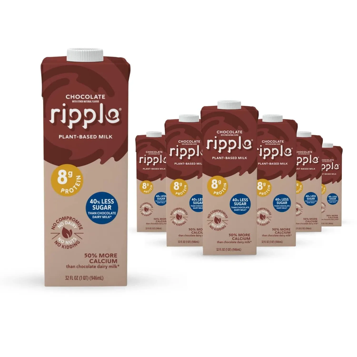 Ripple Chocolate Non-Dairy Milk, Plant-Based, Shelf Stable, 32 oz, Pack of 6