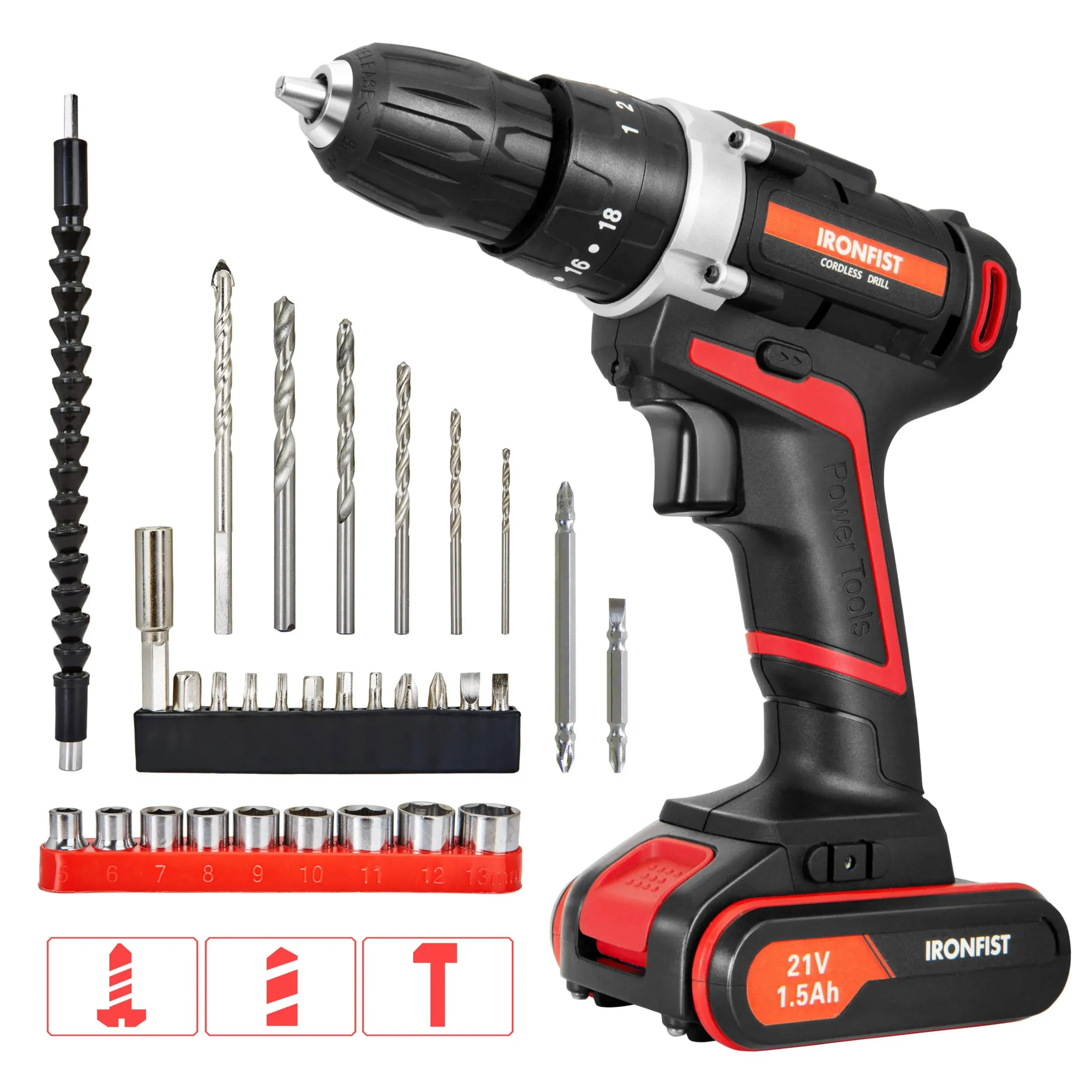 Ironfist Cordless Drill, Screwdriver Impact Power Tools 21V Lithium Battery 45NM ...