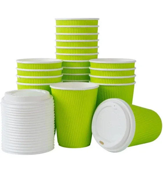 12 oz Eco Green Paper Ripple Wall Coffee Cup - with White Lid - 3 1/2&quot; x 3 1/2&quot; x 5&quot; - 200 count box