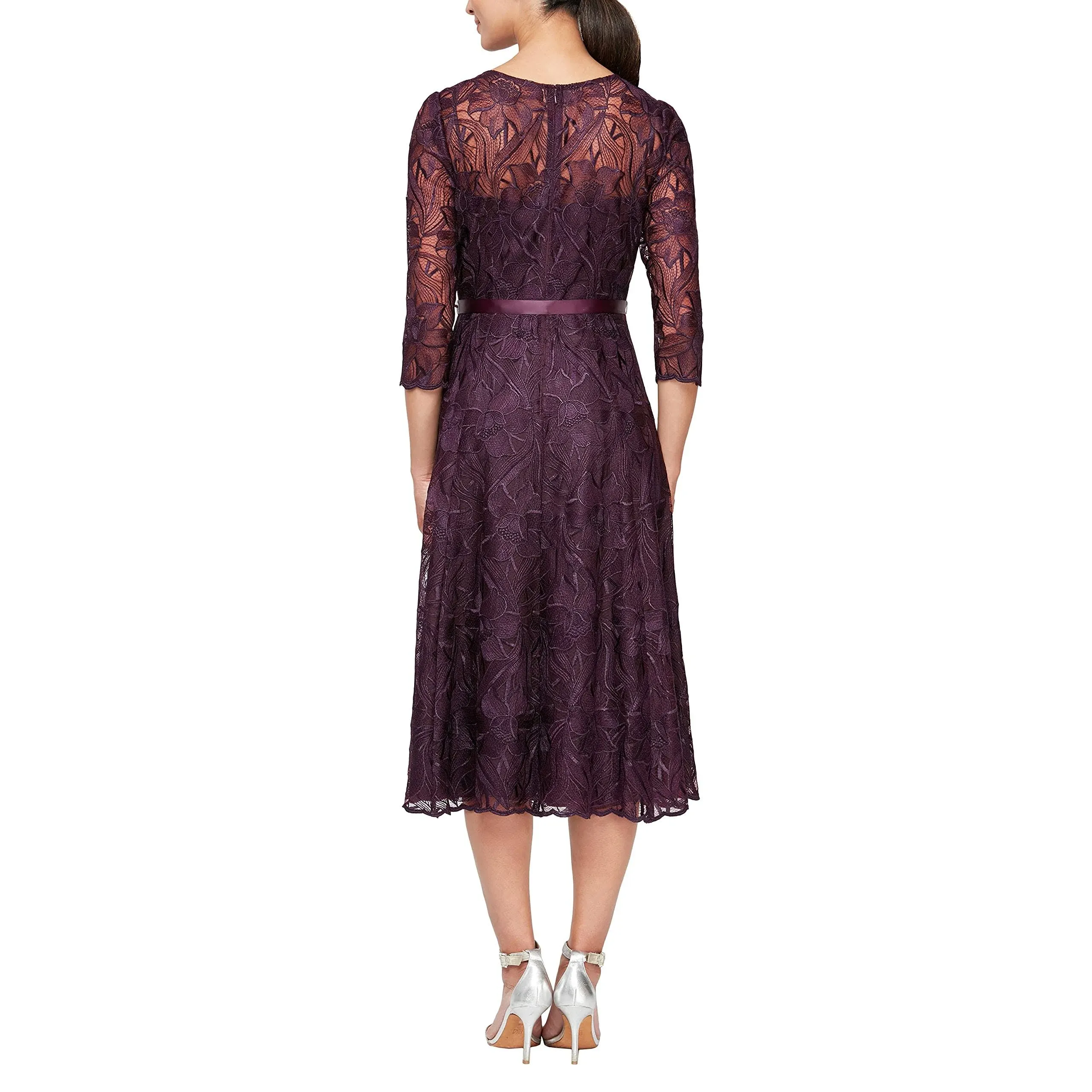 Alex Evenings Women's Tea Length Embroidered Dress Illusion Sleeves (Petite Missy)