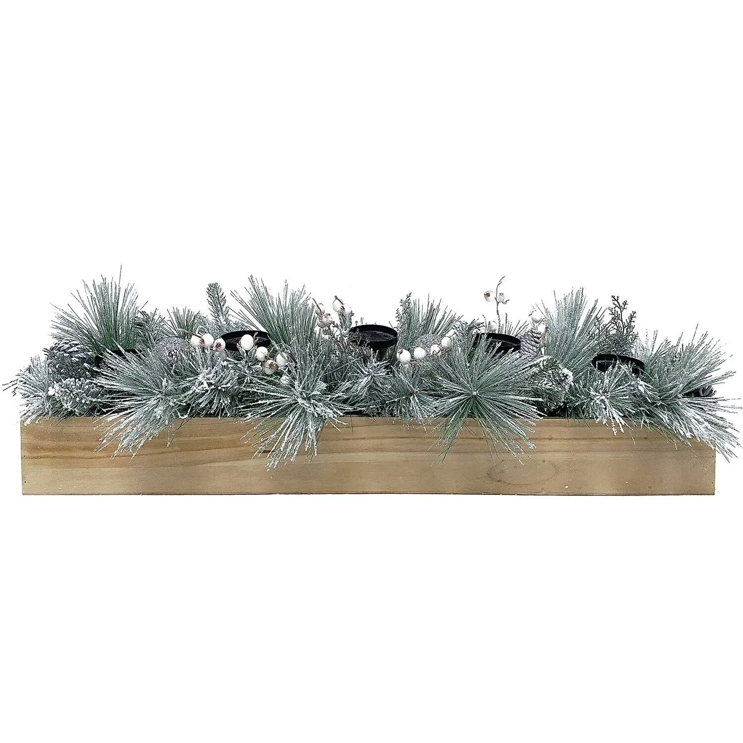 Fraser Hill Farm -  42-inch 5-Candle Holder Holiday Centerpiece with Frosted Pine Branches, White Berries and Ornament Balls in Wooden Box