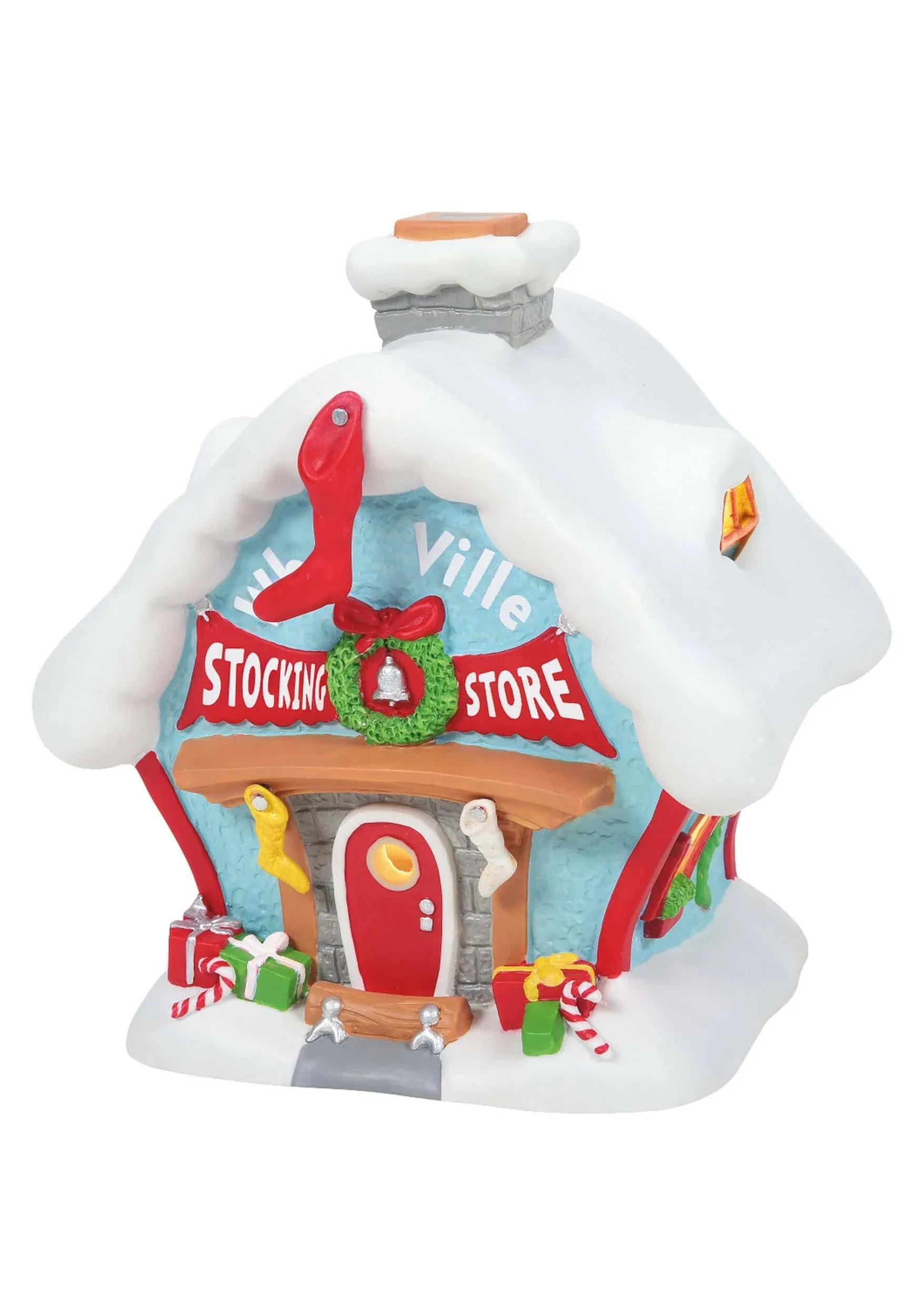 Department 56 Porcelain Dr. Seuss The Grinch Village Who-Ville Stocking Store Lit Building, 7.17 Inch, Multicolor