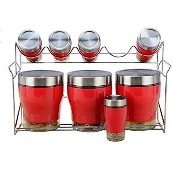 Jumbl 9 Piece Stainless Steel Red Color And Glass Kitchen Counter Storage and Spice Jar Rack Set