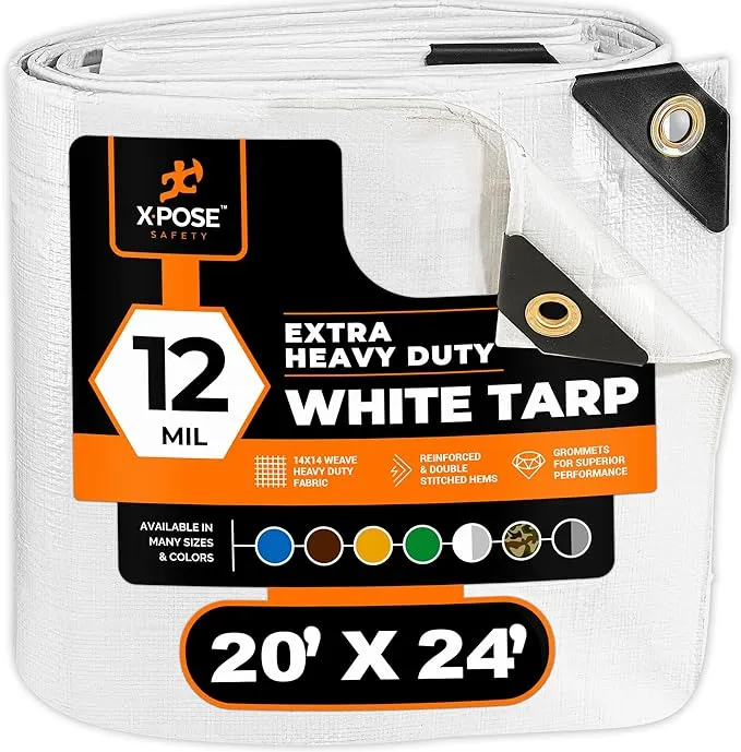 Xpose Safety 7' x 20' White Extra Heavy-Duty Weatherproof 12 Mil Multipurpose Polyethylene Tarp WHD-720-X-A