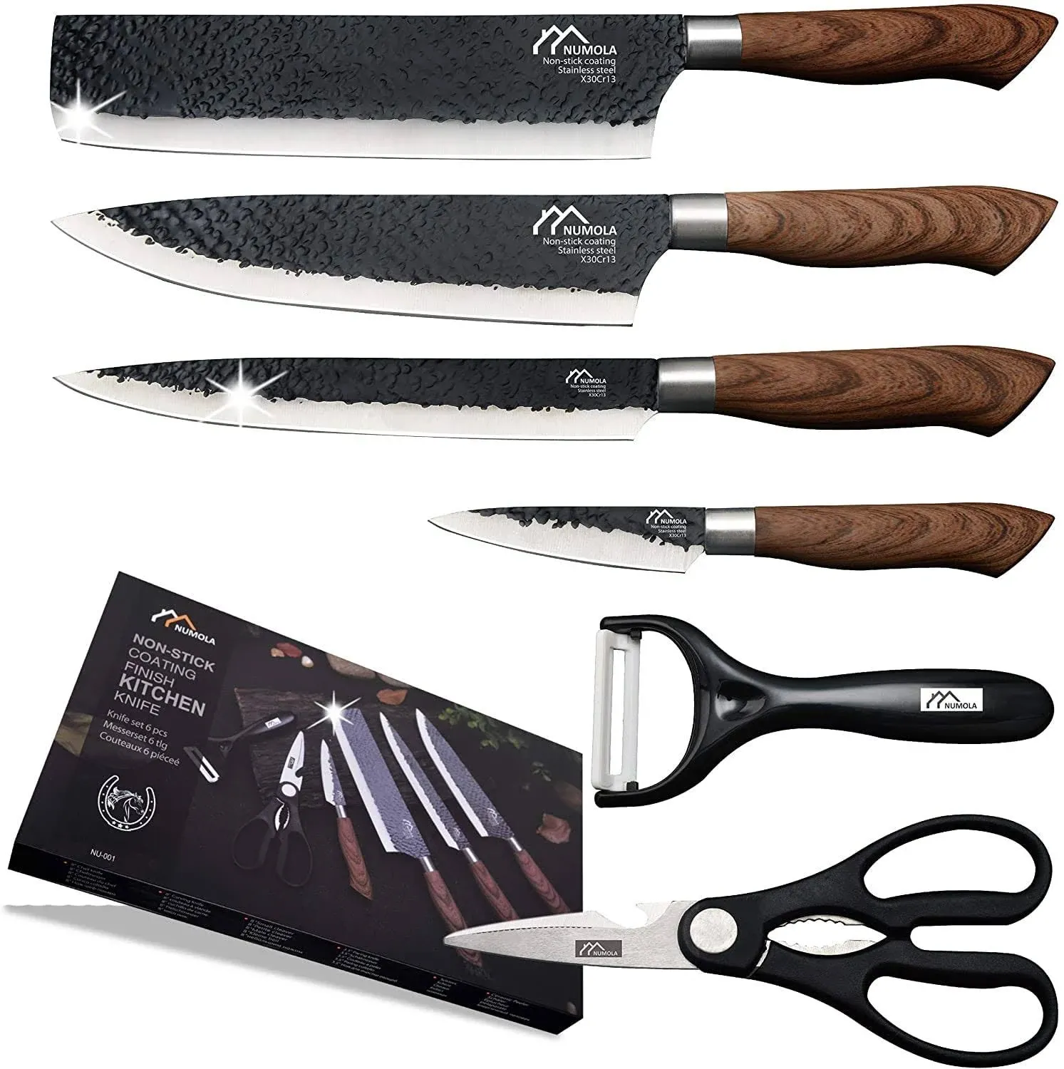 6 Pieces Professional Kitchen Knives Set, High Carbon Stainless Steel Forged Kitchen Knife Set, BBQ Meat Knives for Cooking, Sharp Chef Knife Set for Chef Cooking Paring Cutting Slicing