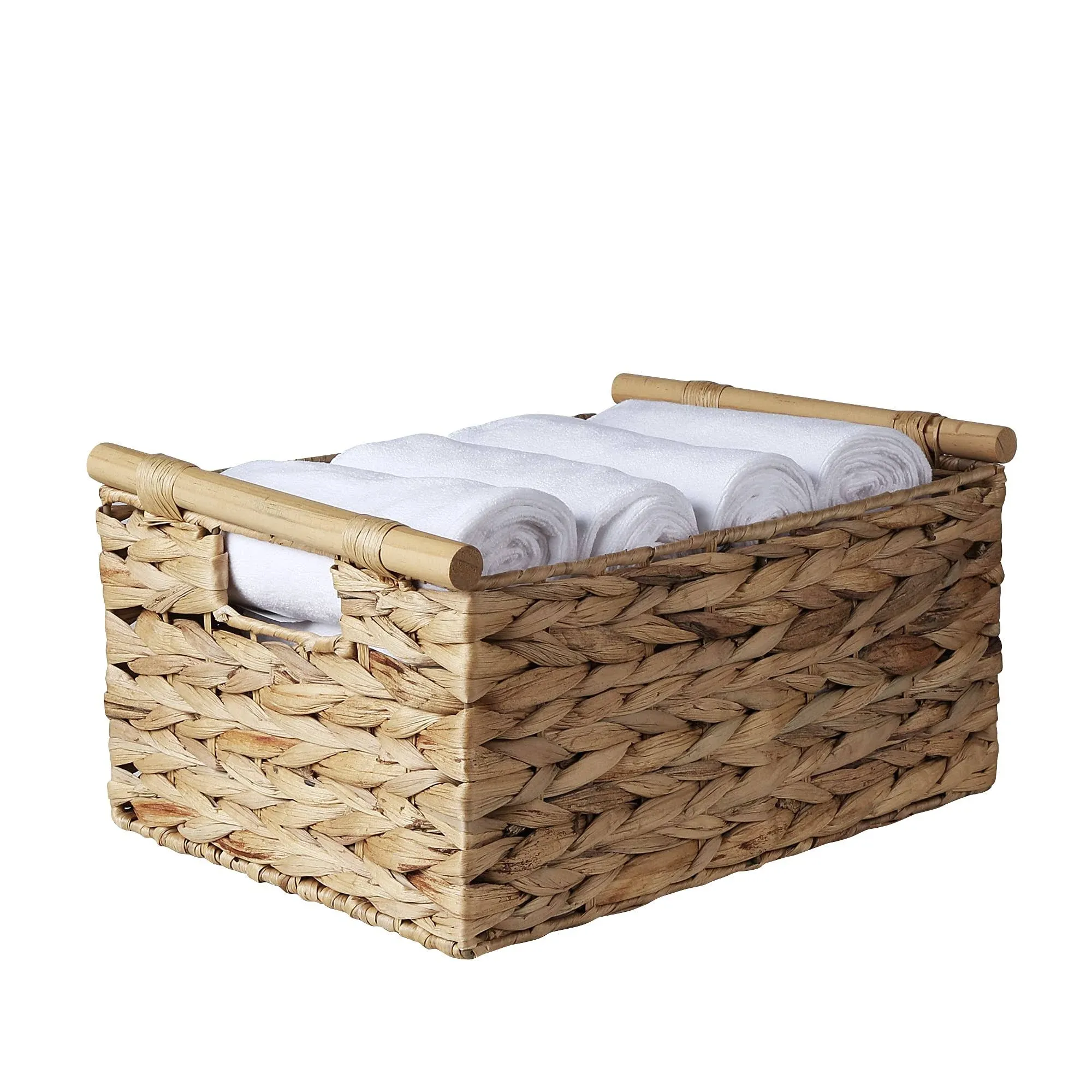 Water Hyacinth Storage Baskets With Wooden Handle Handwoven Rectangular Wicker B