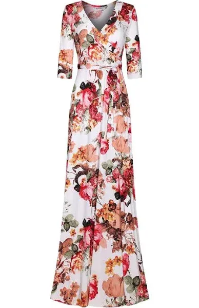 Bon Rosy Women's #MadeInUSA 3/4 Sleeve V-Neck Printed Maxi Wrap Dress