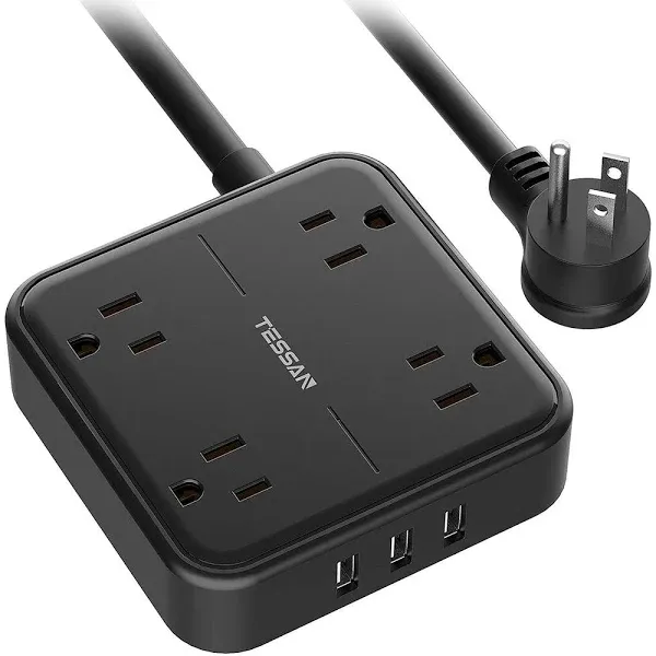 Extension Cord 10 FT with Multiple Outlets, TESSAN Flat Plug Power Strip Surge Protector with 4 Wide Spaced AC Outlets 3 USB Ports(1 USB C), Surge Protection for Home Office Dorm Room, Black