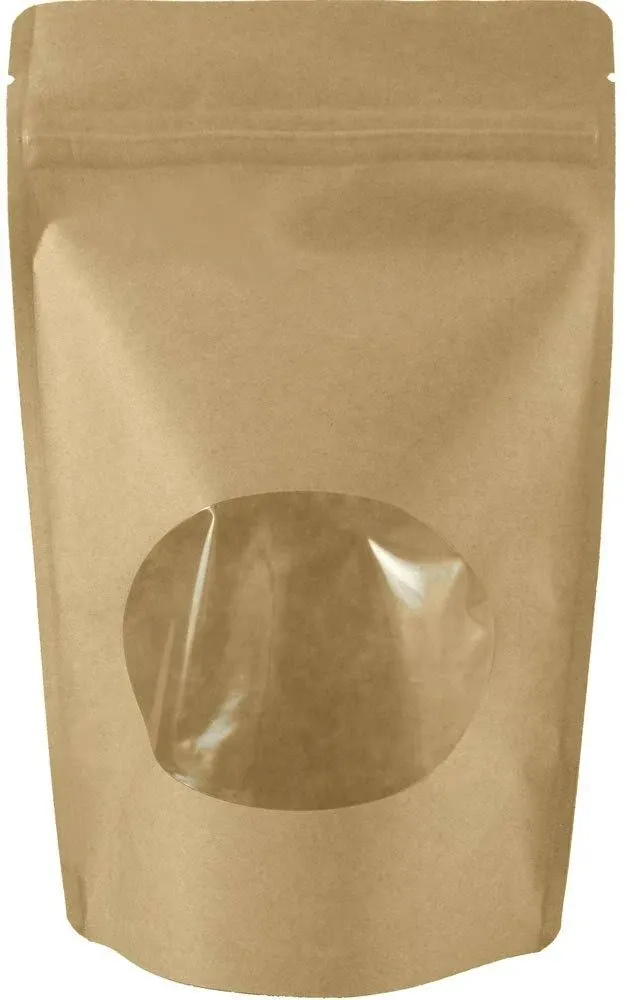 50 Natural Kraft Stand up Pouches with Oval Window and Zip Lock Food Storage Bag