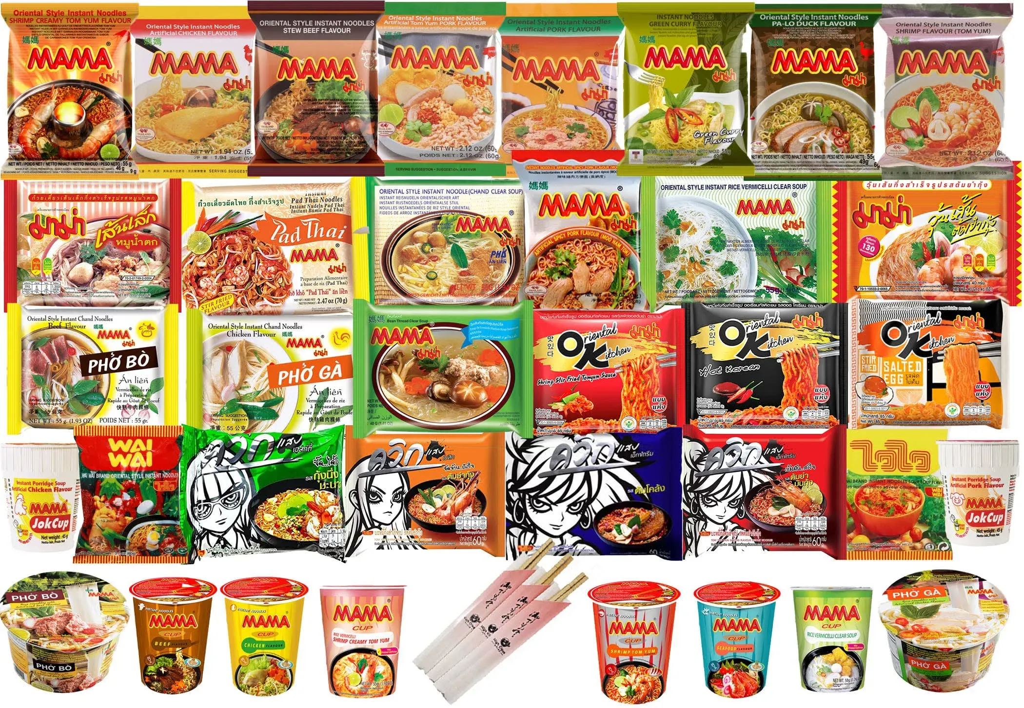 hCG Thai Ramen Noodles Variety Pack with Mama Soup and Wai Wai Quick Instant Noodle