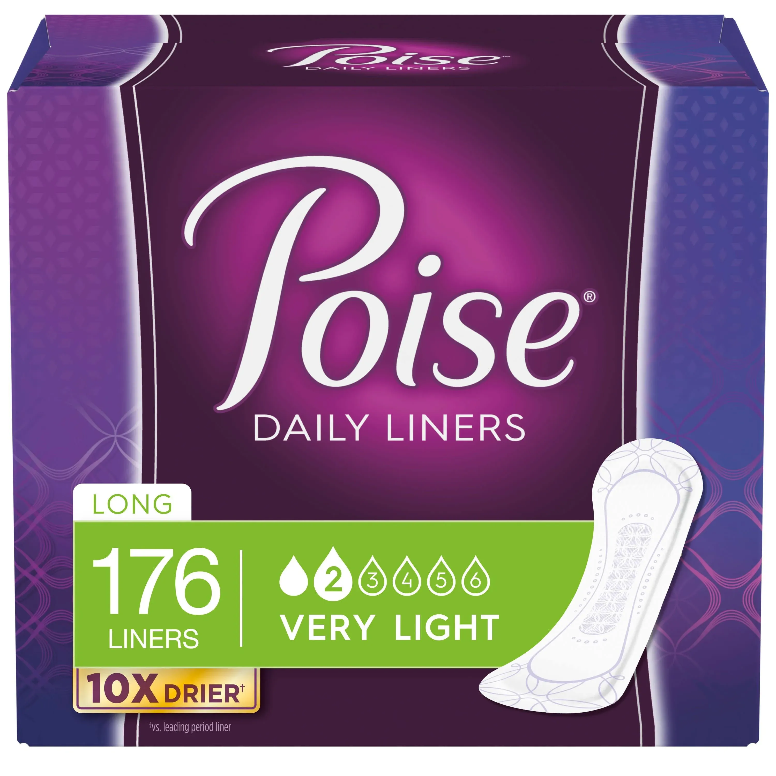 Poise Daily Incontinence Panty Liners, 2 Drop Very Light Absorbency, Long, 176 Count of Pantiliners