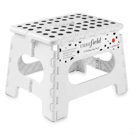 Casafield 9" Folding Step Stool with Handle, White - Portable Collapsible Small Plastic Foot Stool for Kids and Adults - Use in The Kitchen, Bathroom