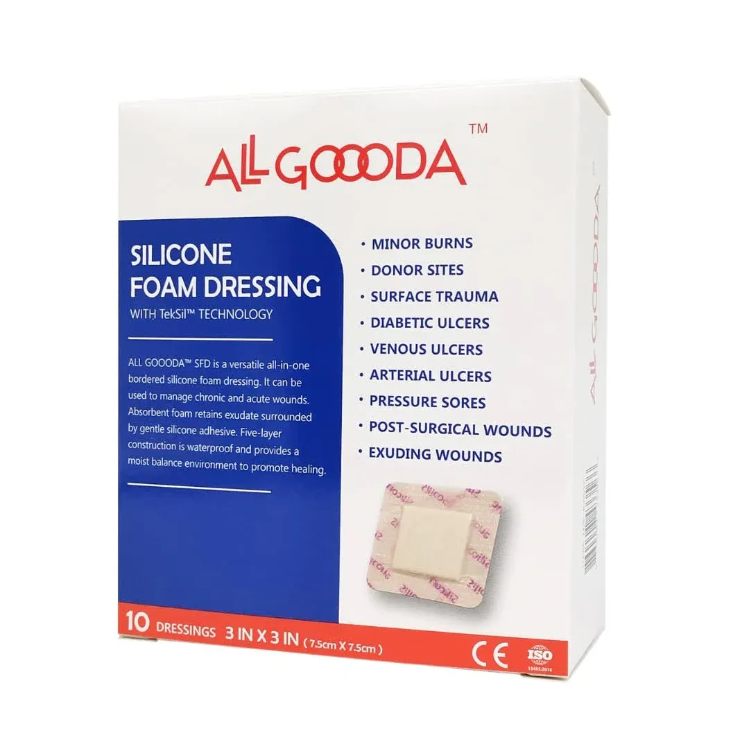 ALL GOOODA Silicone Foam Dressing 3x3, Sacrum, Pressure Bed Sore Pad, Diabetic Ulcer, Exuding Wound Care Bandages Kit, Adhesive with Border, Box of 10