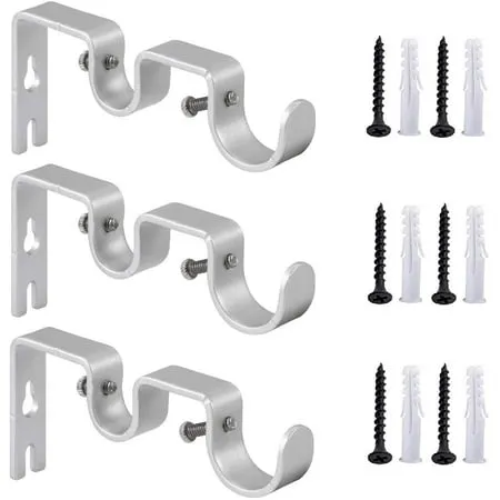 Anndason Heavy Duty Curtain Rod Brackets Double Curtain Rod Brackets Double Rod Holders 1" and 5/8" inch Rod (Set of 6, Silver)