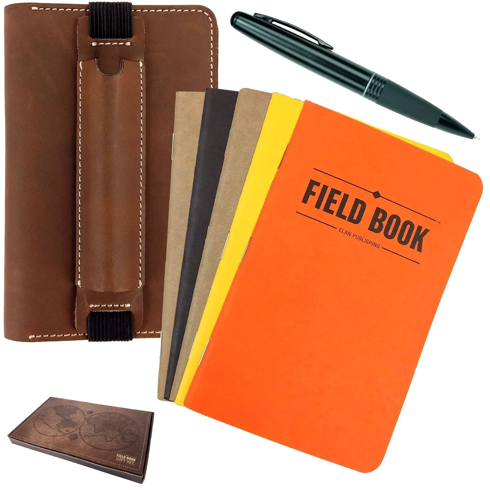 Excello Global Products Handcrafted Stitched Leather Journal Notebook Cover Gift Set: Includes Pen & 5 Field Notebook Journals, Compatible with Field