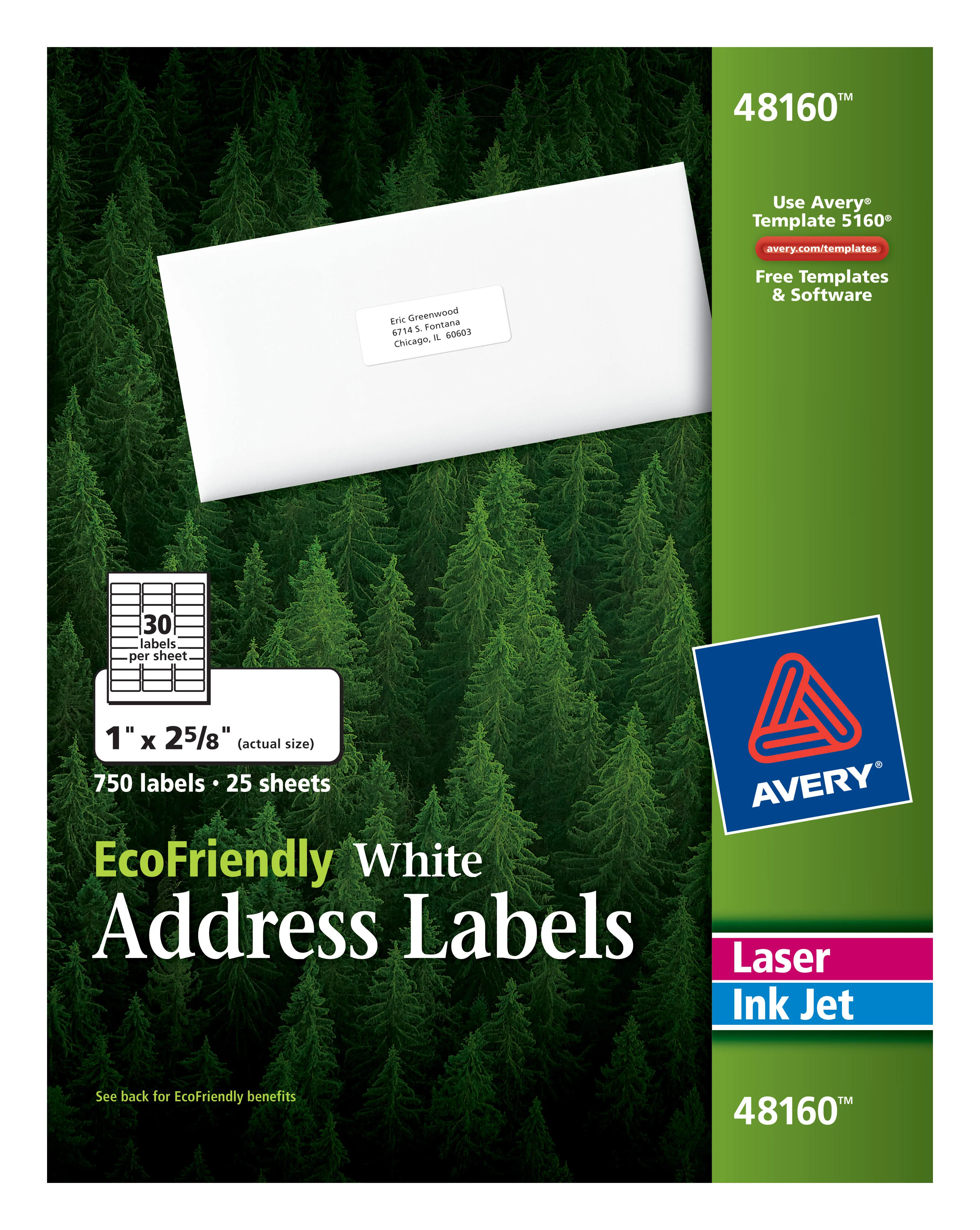 Avery® 48160 Eco-Friendly 1" x 2 5/8" White Rectangle Address Labels - 750/Pack