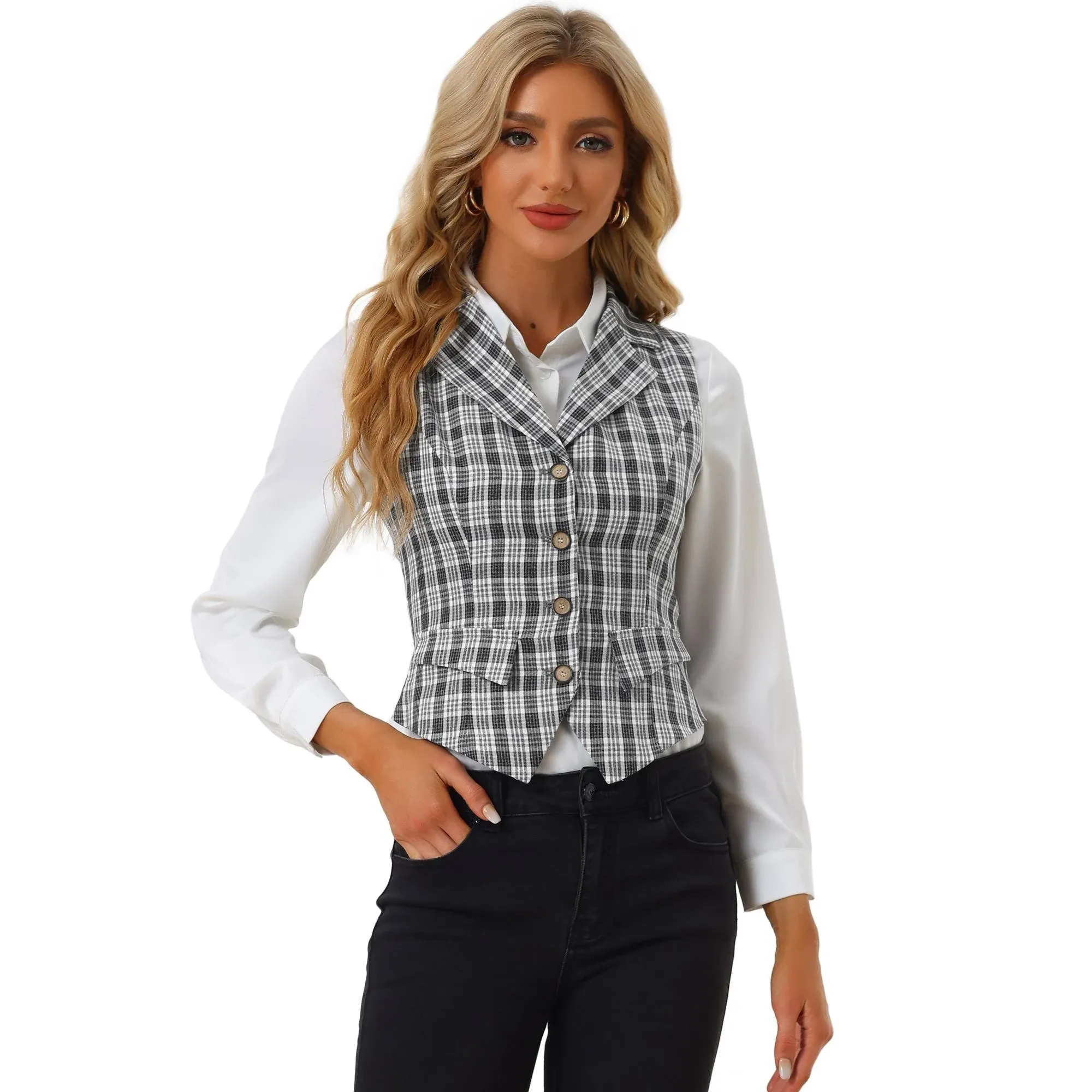 Allegra K Women's Plaid Waistcoat Notched Lapel Collar Single Breasted Vintage Vest