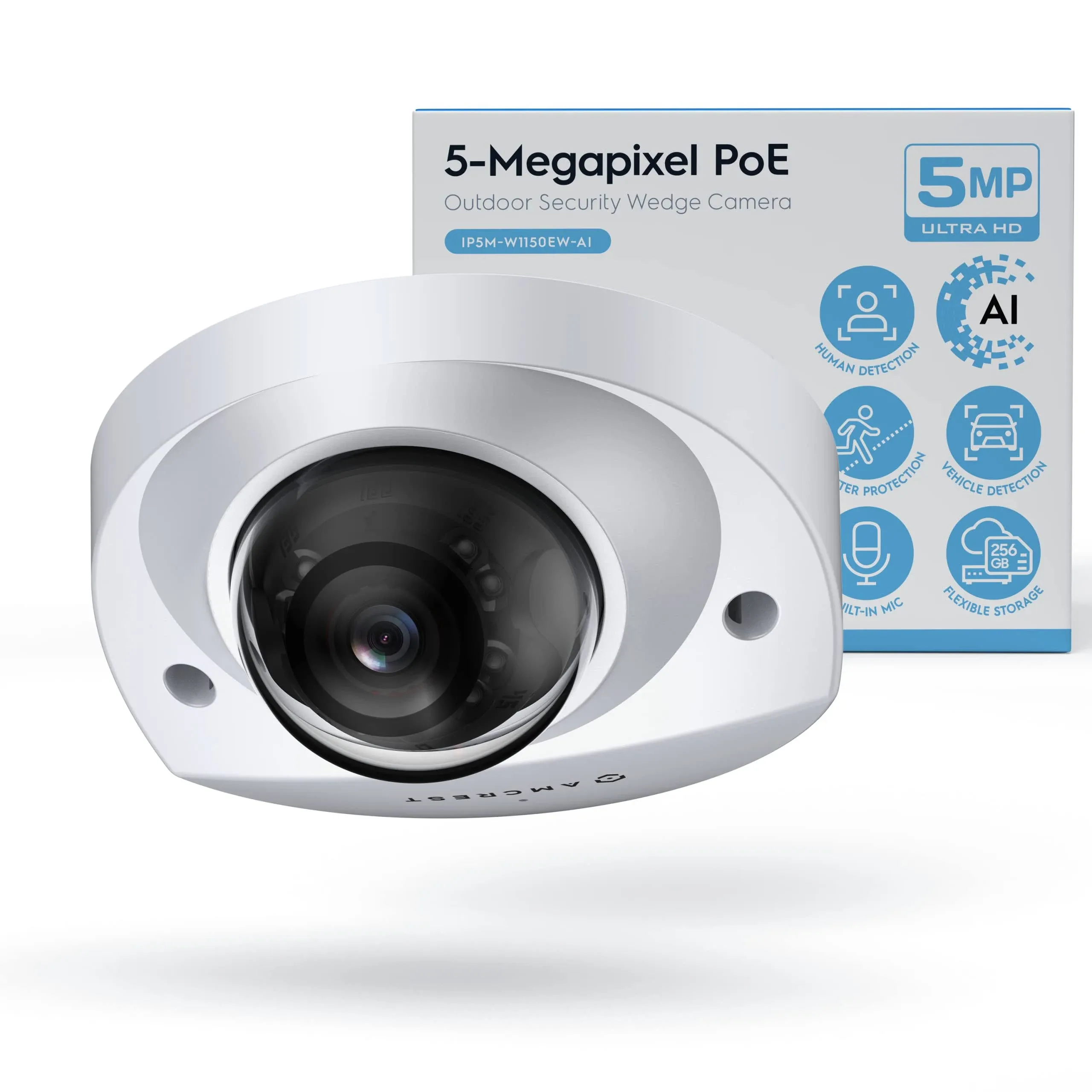 amcrest 5-megapixel wedge ip poe ai camera, security ip camera outdoor, built-in microphone, human & vehicle detection, perimeter protection, 98ft night vision, 130 fov, 5mp@20fps ip5m-w1150ew-ai