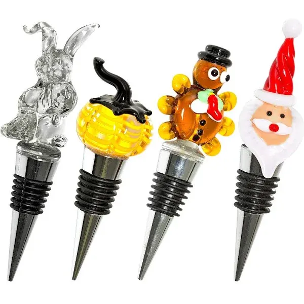 Glass Holiday Wine Bottle Stoppers - Holiday Pack - Christmas, Thanksgiving, Halloween, Easter - Decorative, Handmade, Eye-catching Wine Stoppers -