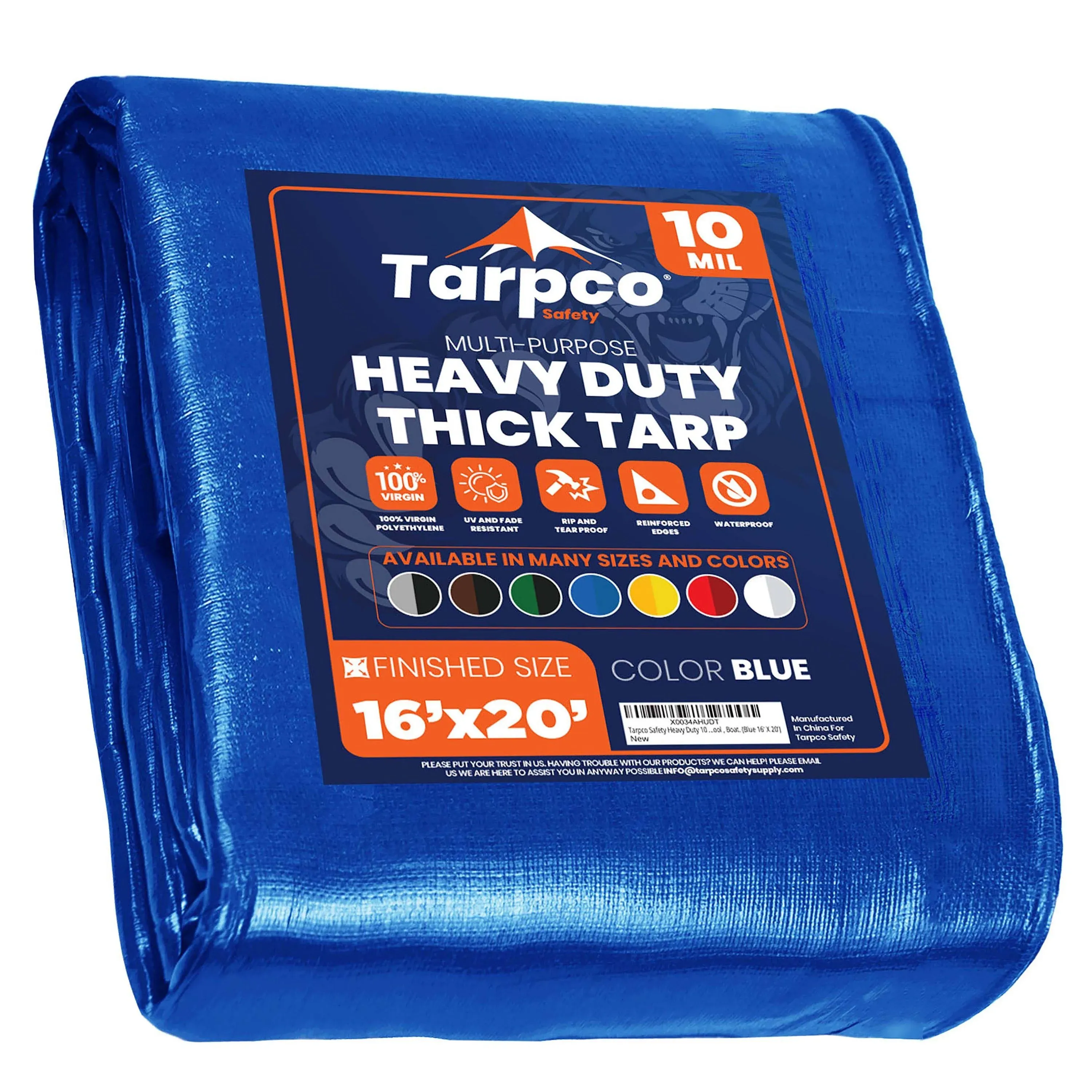 Tarpco Safety 16 ft. x 20 ft. Blue Polyethylene Heavy Duty 10 Mil Tarp Waterproof UV Resistant Rip and Tear Proof