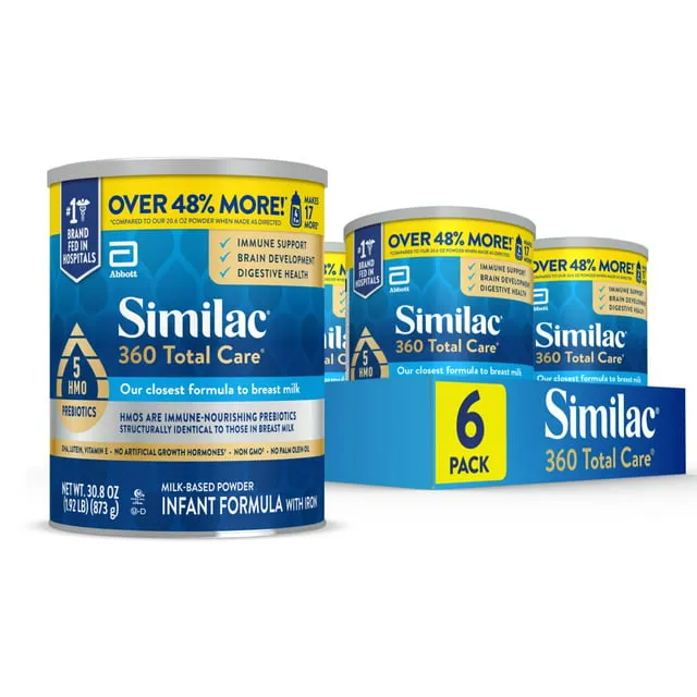 Similac 360 Total Care Baby Formula Powder, Has 5 HMO Prebiotics, 30.8-oz Value Can, Pack of 6