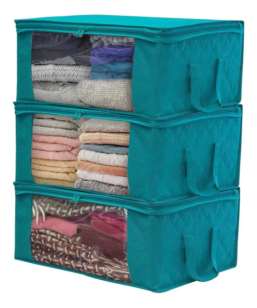 Sorbus Foldable Storage Bag Organizers, Large Clear Window & Carry Handles, Great for Clothes, Blankets, Closets, Bedrooms, and More (3-Pack, Aqua)