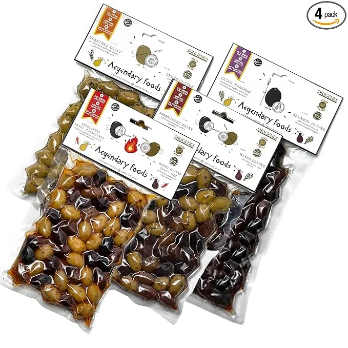 Pack of 4 Variety Mix Olives in Vacuum, 2 Greek Olive Varieties with 4 flavors, Freshly Sealed Olives with Extra Virgin Oil 4X200g