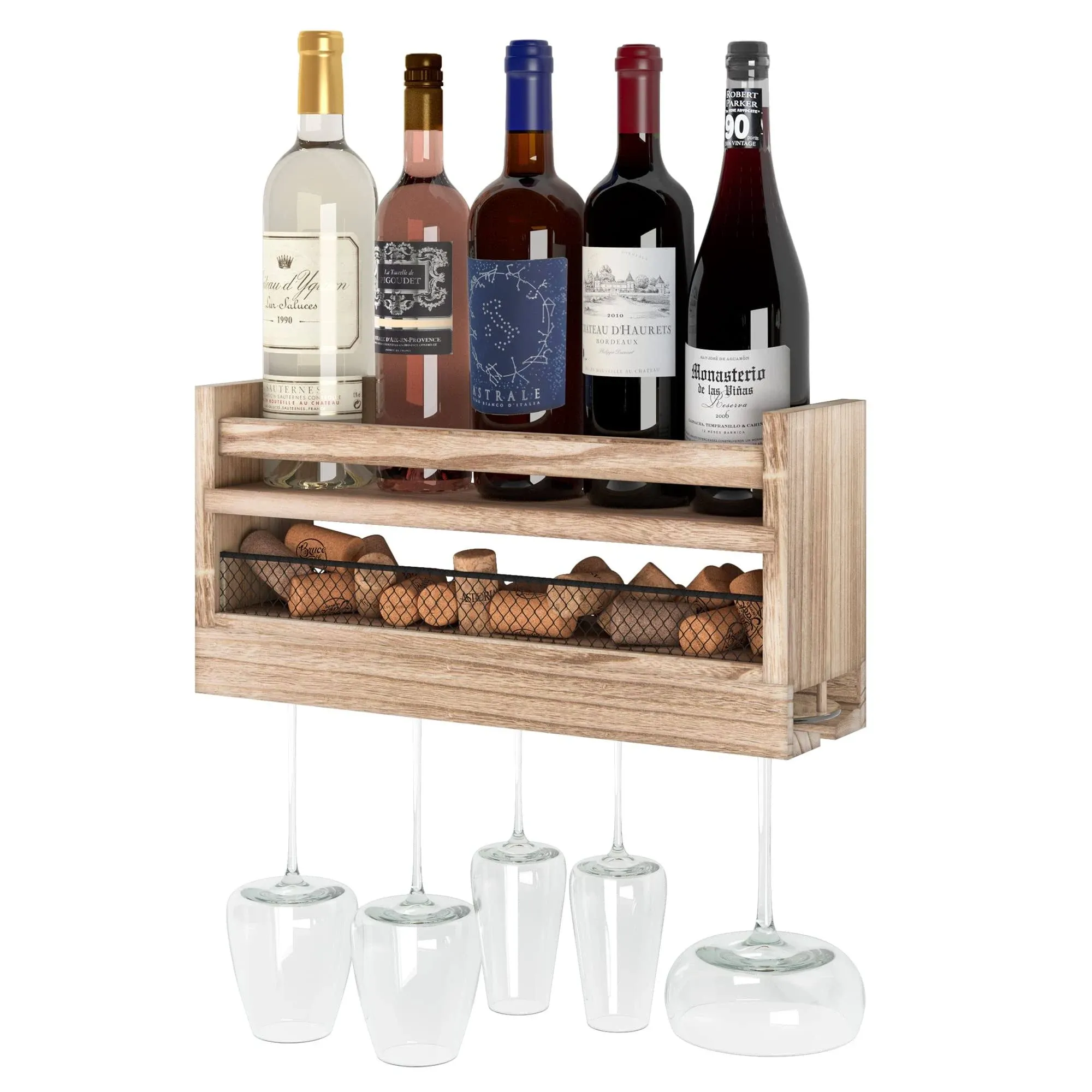 Youhavespace Barrel Wall Mounted Wood Wine and Glass Rack with Wire Cork Storage ...