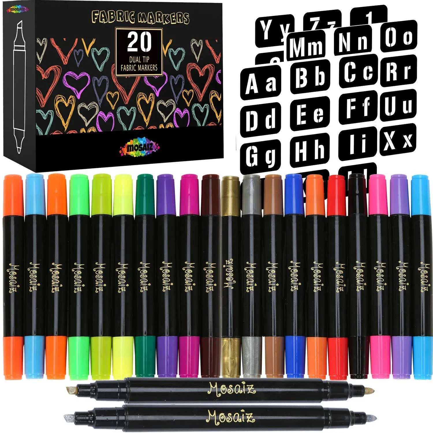 Dual Tip Fabric Markers, 20 Chisel and Fine Tip Markers Fabric Paint Pens for Fabric Decorating with Gold and Silver Colors including Numbers and Letter Stencils