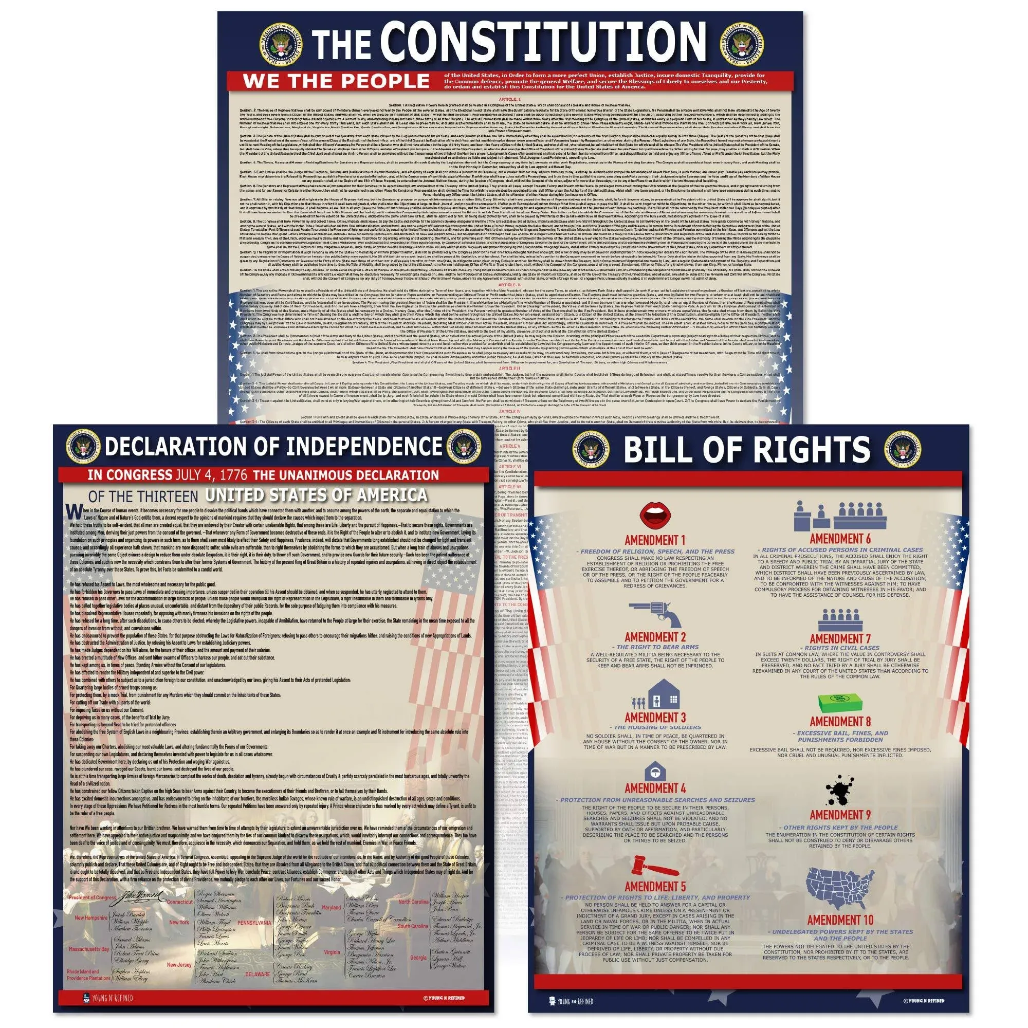 American Founding documents Laminated 3 pack: US Constitution, Declaration of Independence and Bill of Rights UPDATED FIXED 2.0 Young N Refined