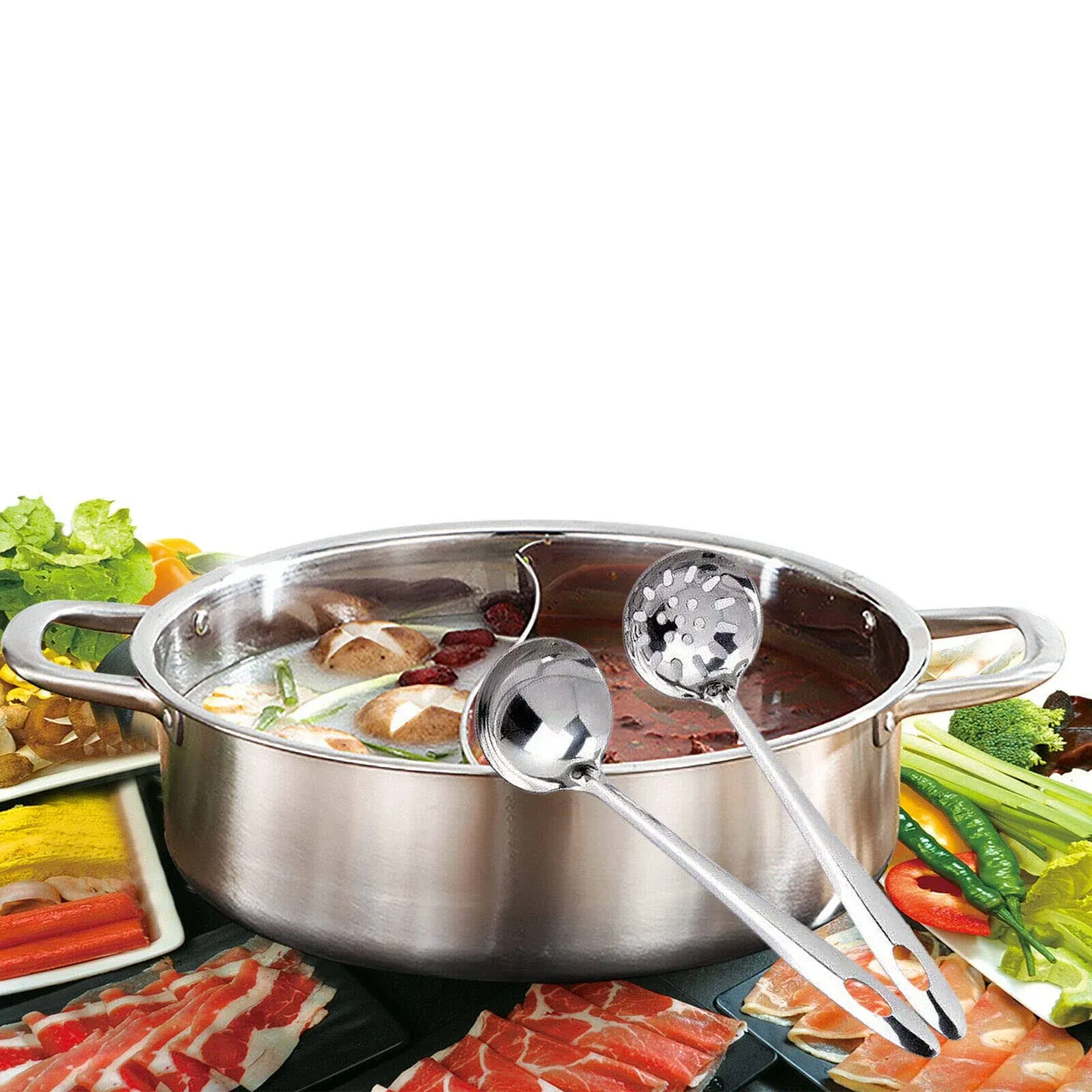 Dual Sided Stainless Steel Shabu Shabu Hot Pot with Glass Lid, 30cm