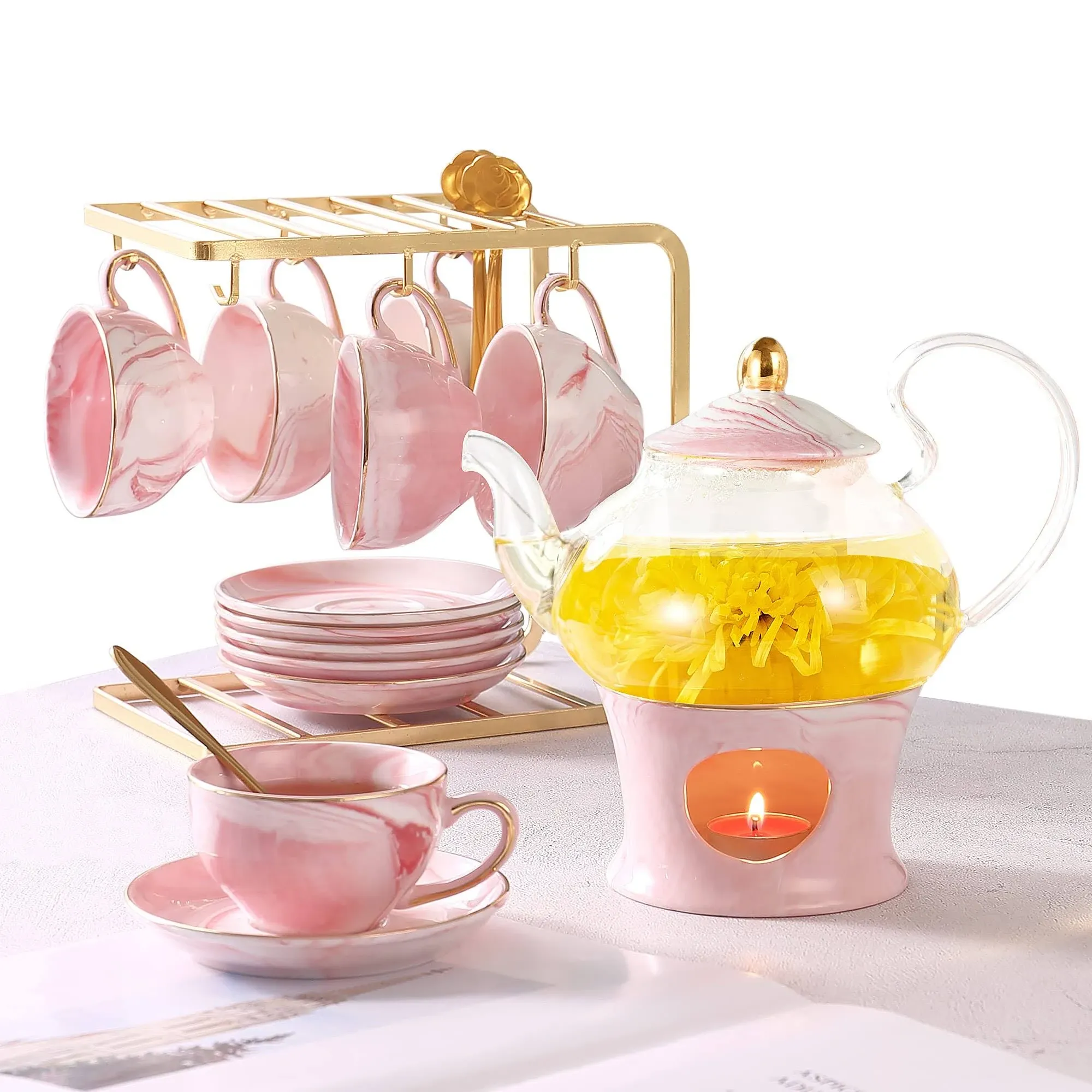 DUJUST 21 pcs Small Tea Set of 6, Pink Marble Set, Handcraft Golden Trim, Porcelain Tea Pot Set for Kids&Adults, 1 Glass Teapot(22oz), 6 Cups(4oz), 6 Saucers, 6 Spoons, 1 Shelf&1 Warmer