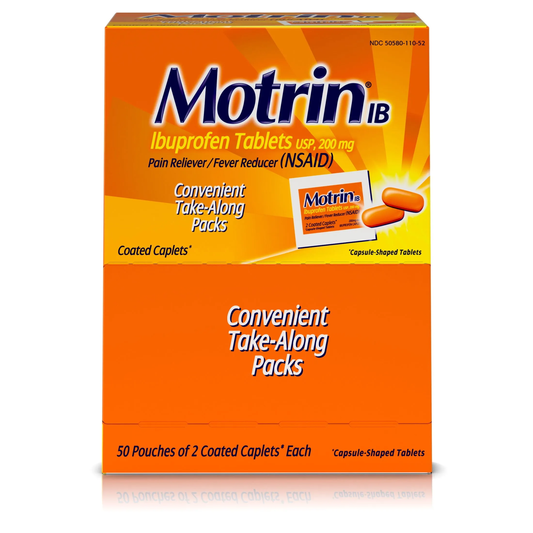 Motrin IB, Ibuprofen 200mg Tablets, Pain Reliever/Fever Reducer for Muscular Aches, Headache, Backache and Minor Arthritis Pain, Convenient for Travel & On-The-Go, 50 Packets of 2, 100 ct 