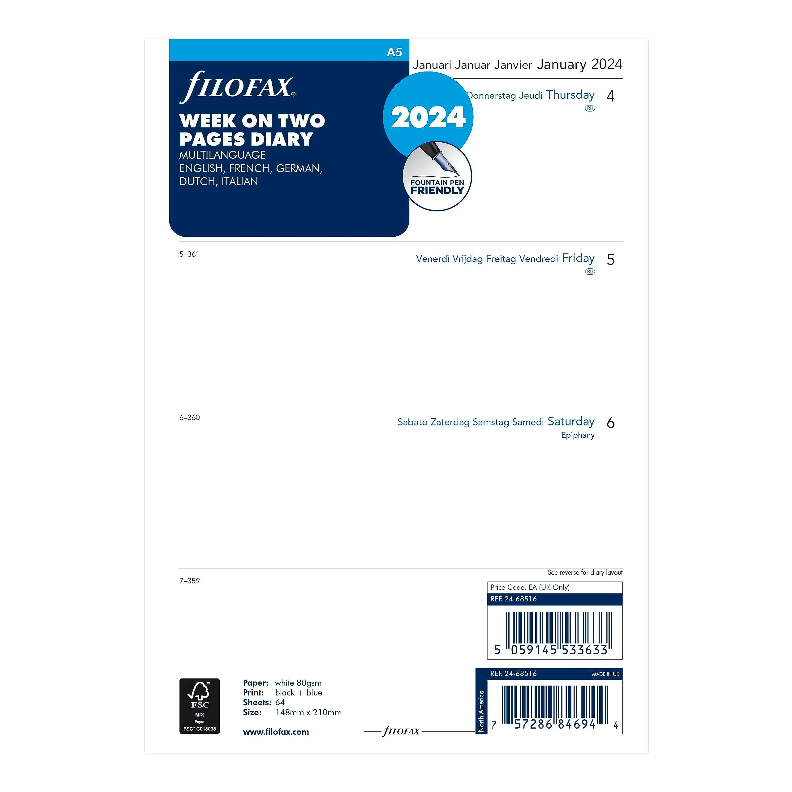 Filofax 2024 A5 Week on Two Pages - Multilanguage