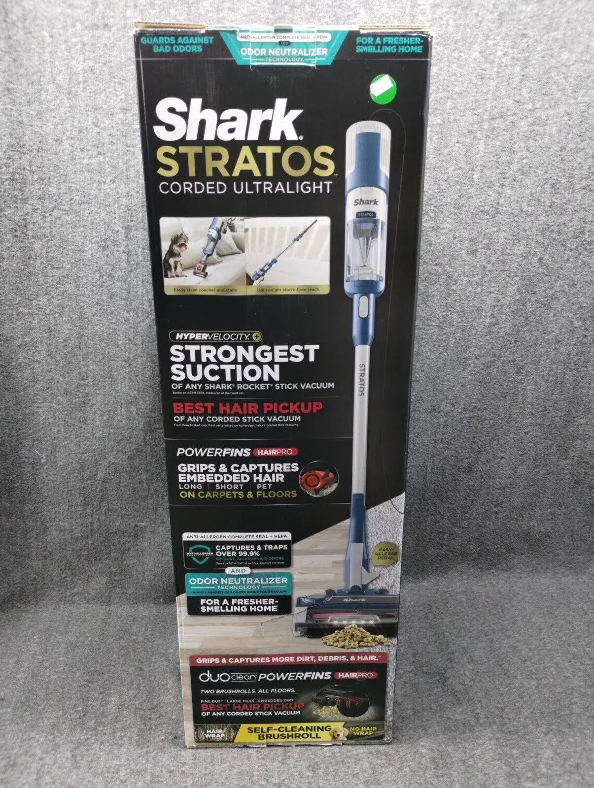 Shark HZ3002 Stratos 超輕有線棒式真空吸塵器 DuoClean PowerFins HairPro、自動清潔刷和異味中和技術,海軍藍