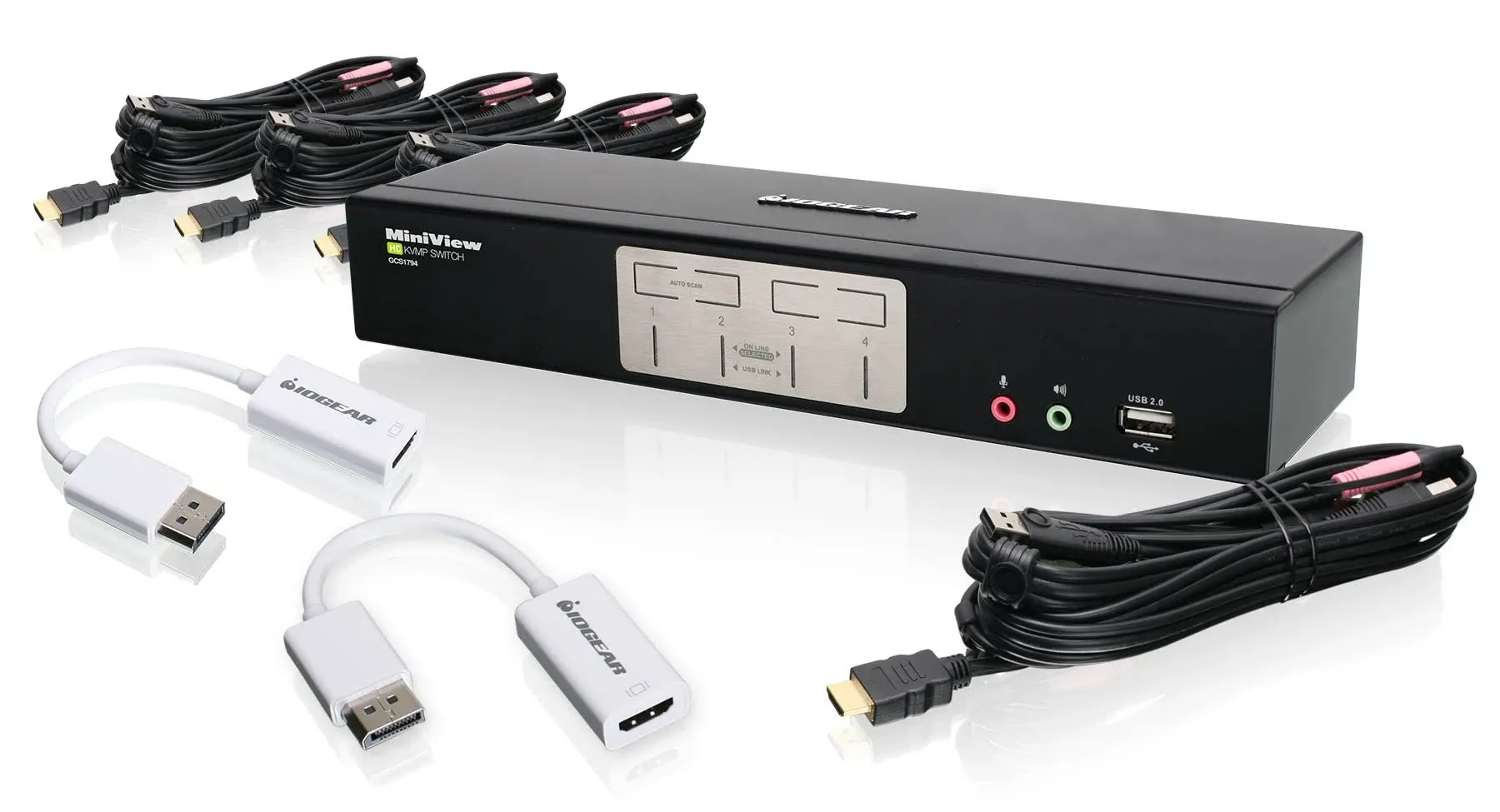 IOGEAR 4-Port HDMI KVMP Switch with DisplayPort Adapters Bundle