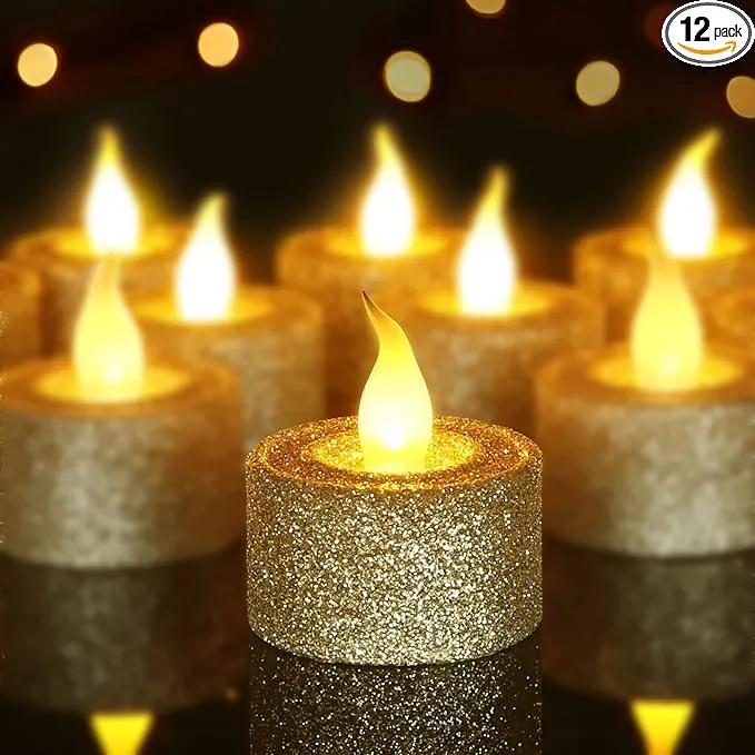 FURORA LIGHTING White Glitter LED Tealight Candles Pack of 12, Flameless Flickering Tealight Candles for Home Décor, 1.5’’(W) x 1.65’’(H), Battery Operated