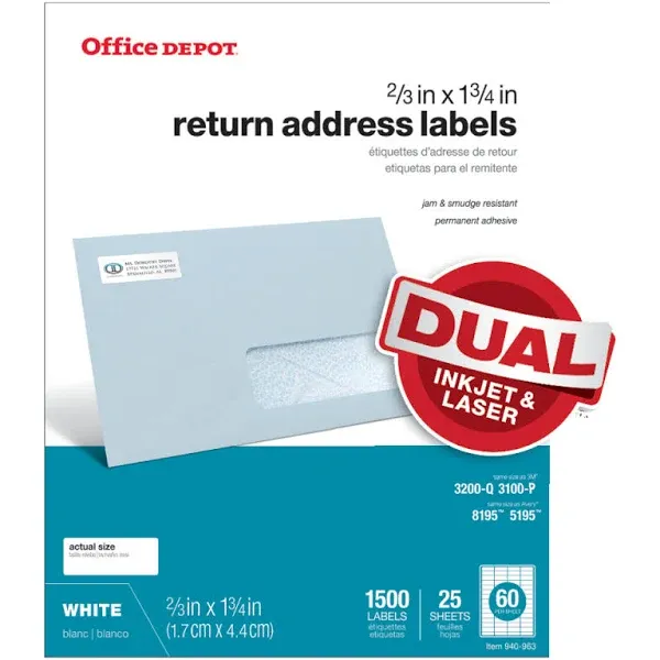 Office Depot Inkjet/Laser Return Address Labels, 2/3" x 1 3/4", White - 1500 count