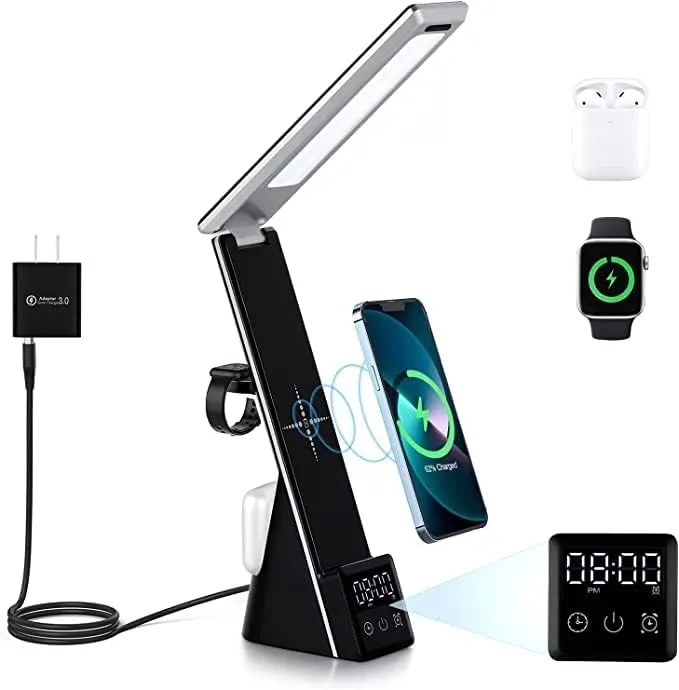 LumiCharge 7-in-1 LED Lamp with 10W Wireless Charger, USB Port, Dimmable Lights, Clock, Alarm - Foldable Handy Home, Office and Dorm Essentials & Desk Organizer Charges Phones, Watches, AirPods