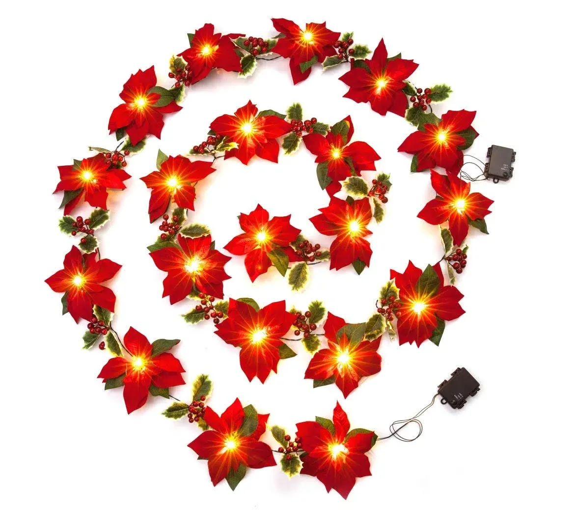 2PK 6FT Christmas Pre Lit Decoration Garland Poinsettia Garland with Red Berries & Holly Leaves, Christmas Garland,Artificial Poinsettia Garland(Red)