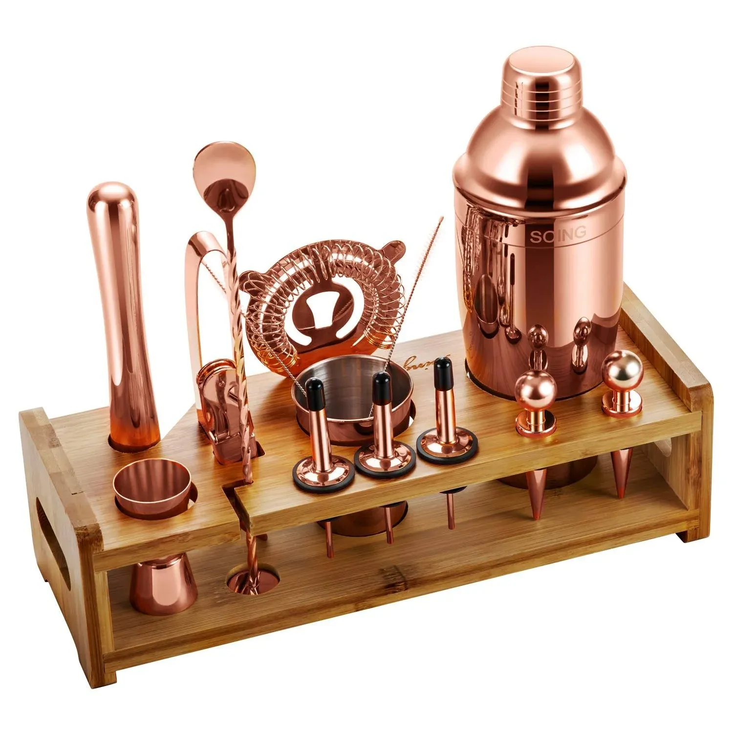 Soing Rose Copper 24-Piece Cocktail Shaker Set,Perfect Home Bartending Kit for Drink Mixing,Stainless Steel Bar Tools With Stand,Velvet Carry Bag & Recipes Included