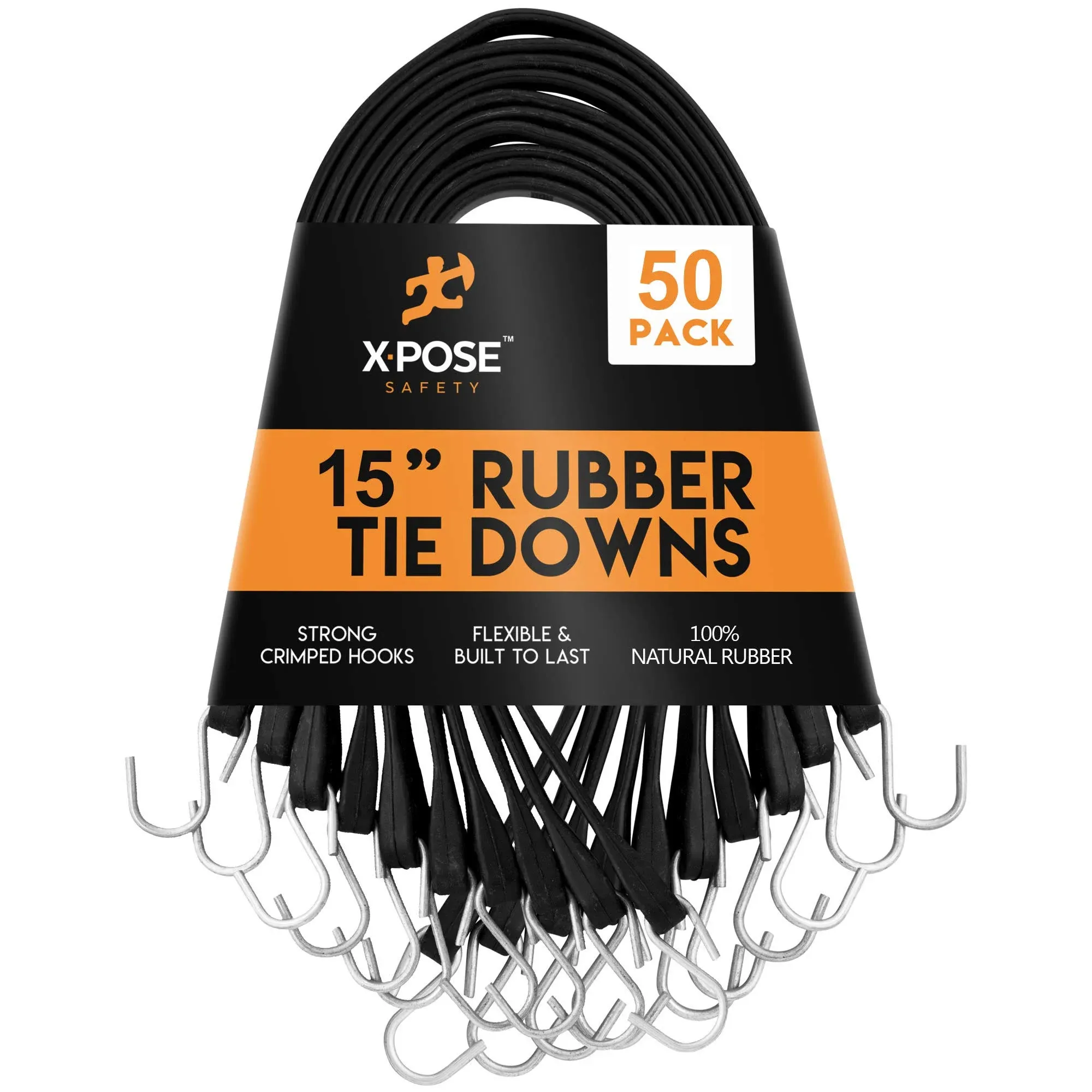 Rubber Bungee Cords with Hooks 50 Pack 15 Inch (23” Max Stretch) Heavy-Duty Black Tie Down Straps for Outdoor, Tarp Covers, Canvas Canopies, Motorcycle, and Cargo - by Xpose Safety