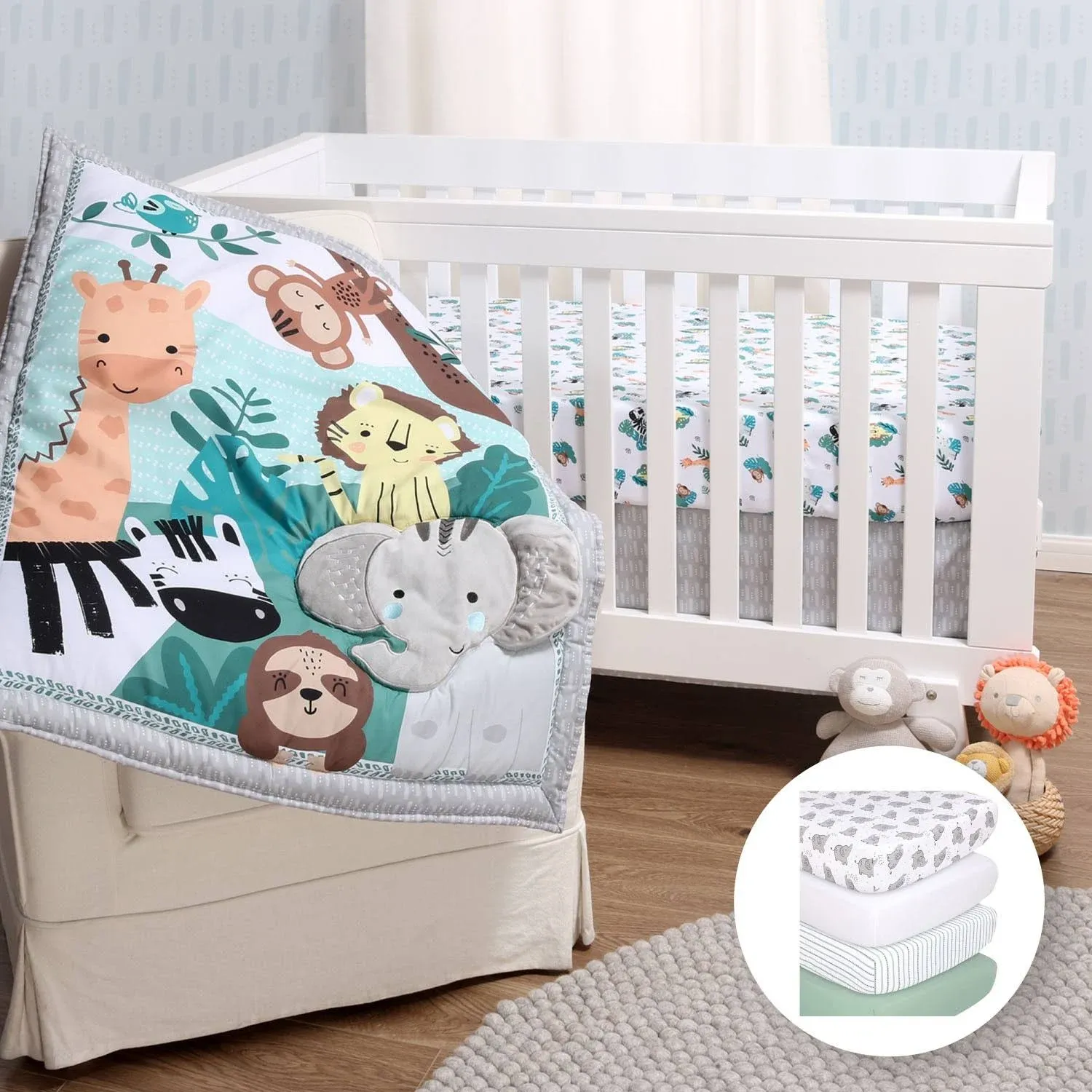 The Peanutshell Wild Kingdom Crib Bedding Set 3 Pcs Quilt, Crib Sheet & Crib Ski